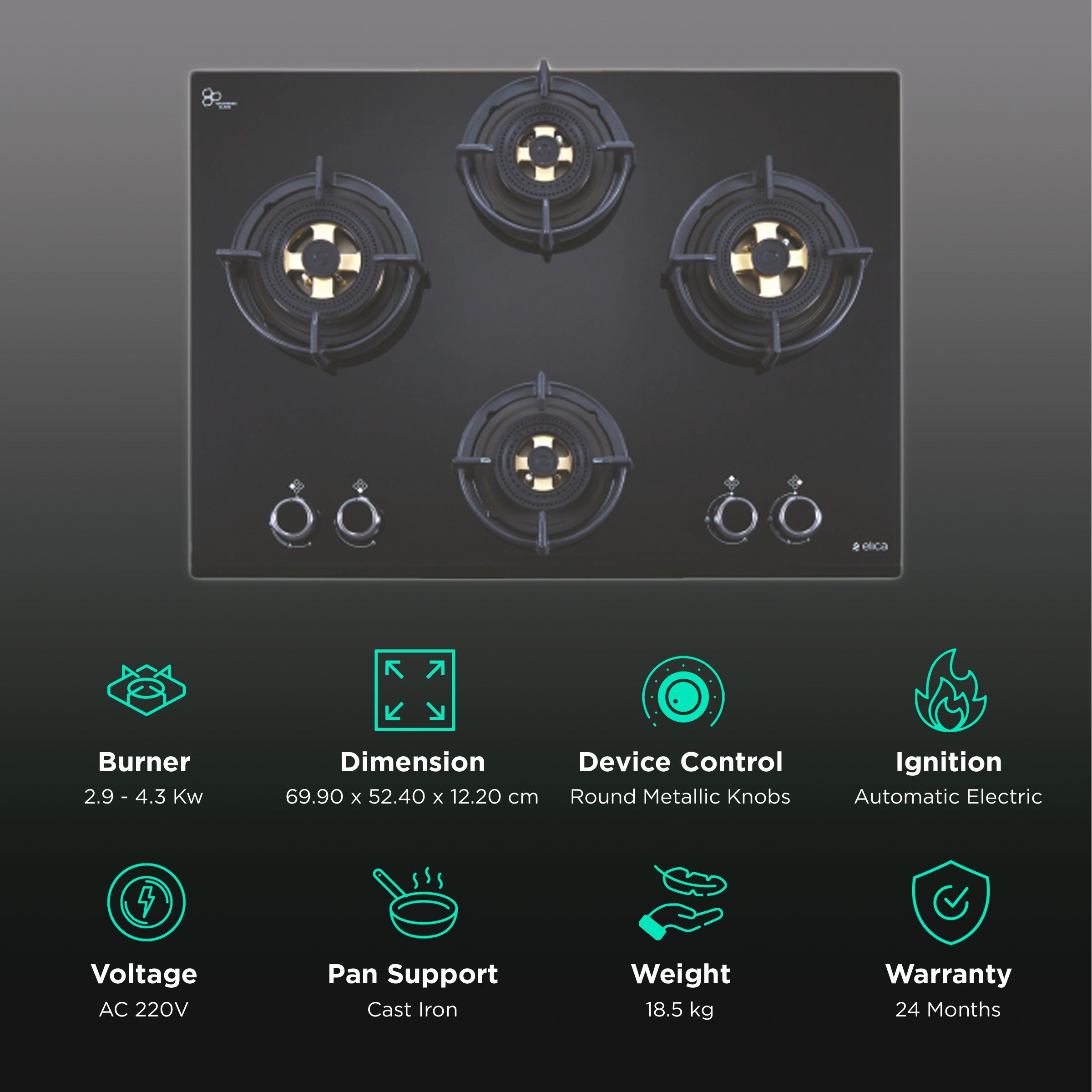 Elica DFS FB MFC 4B 70 DX FFD 4 Burner Automatic Electric Hob (Round Metallic Knob, Black) Elica DFS FB MFC 4B 70 DX FFD 4 Burner Automatic Electric Hob (Round Metallic Knob, Black)_3