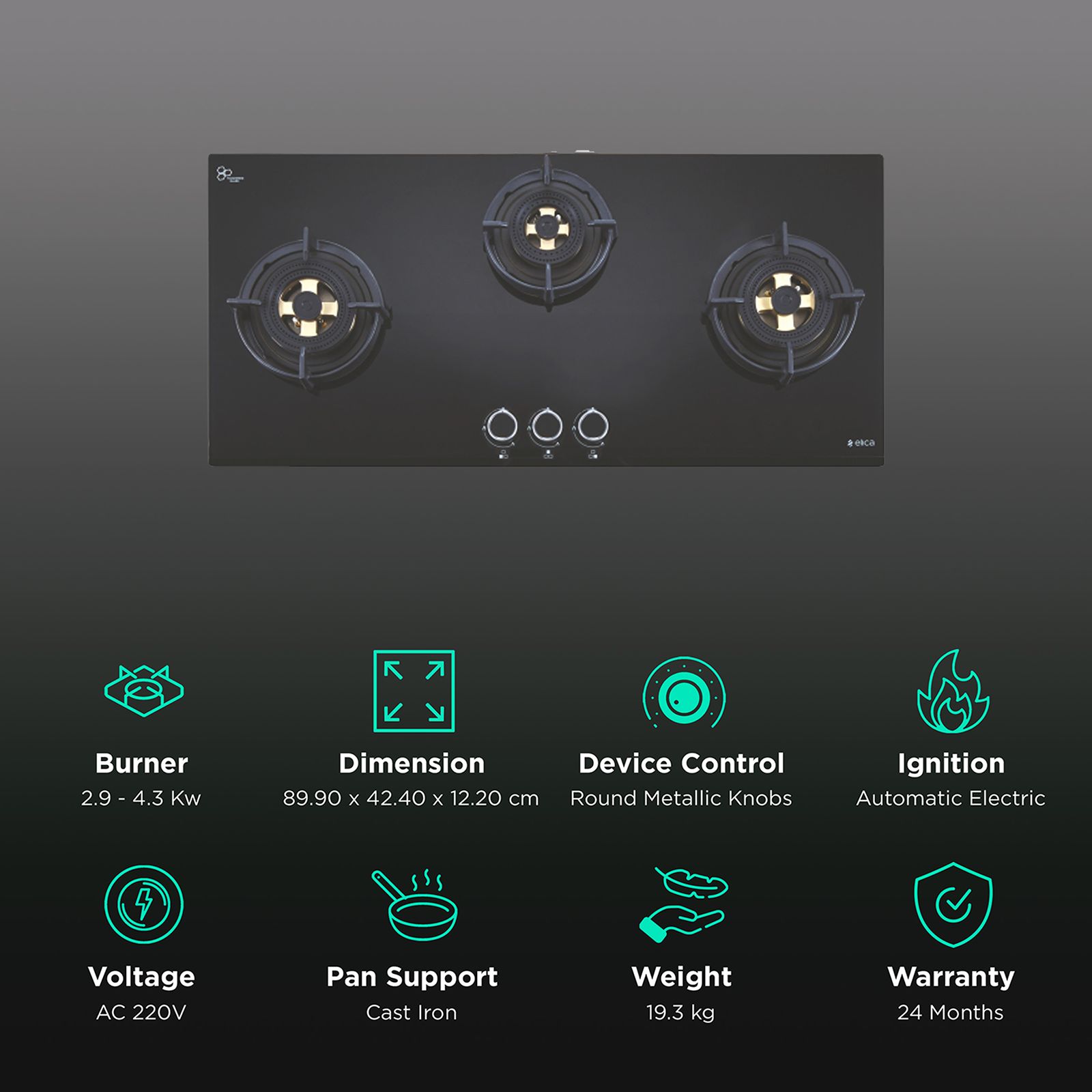 Elica DFS FB MFC 3B 90 DX FFD 3 Burner Automatic Electric Hob (Round Metallic Knob, Black) Elica DFS FB MFC 3B 90 DX FFD 3 Burner Automatic Electric Hob (Round Metallic Knob, Black)_3