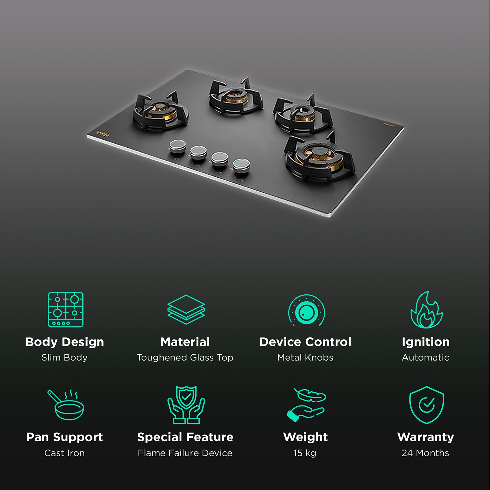 KAFF MSM 804 Toughened Glass Top 4 Burner Automatic Hob (Flame Failure Device, Black) KAFF MSM 804 Toughened Glass Top 4 Burner Automatic Hob (Flame Failure Device, Black)_3