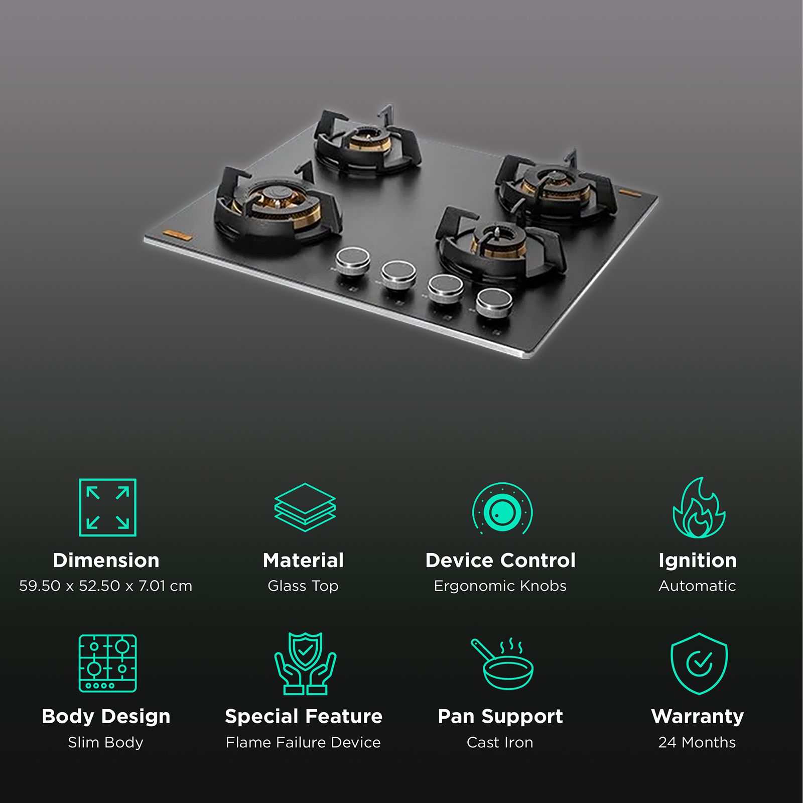 KAFF MSM 604 Glass Top 4 Burner Automatic Hob (Flame Failure Device, Black)_3
