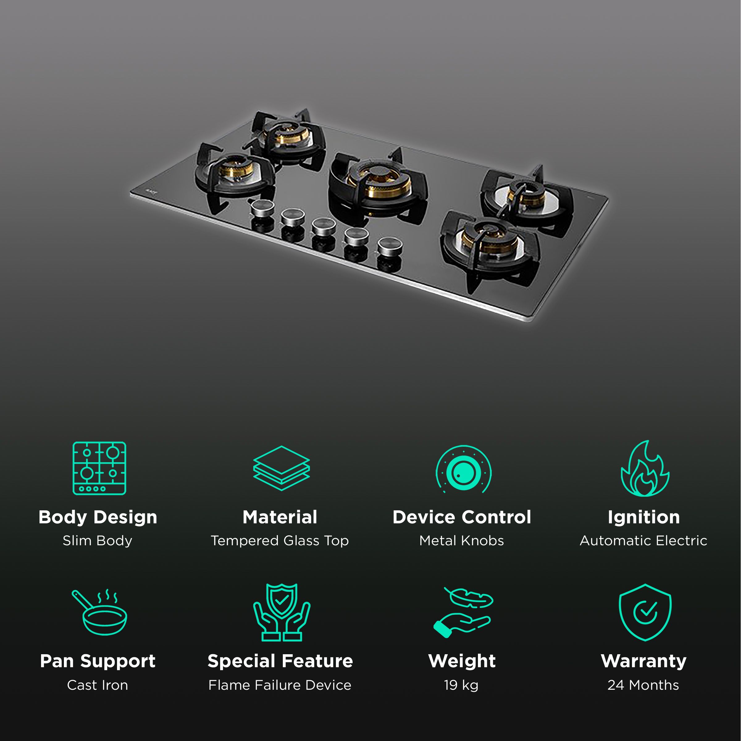 KAFF Bellini-F Tempered Glass Top 5 Burner Automatic Electric Hob (Flame Failure Device, Black)_3