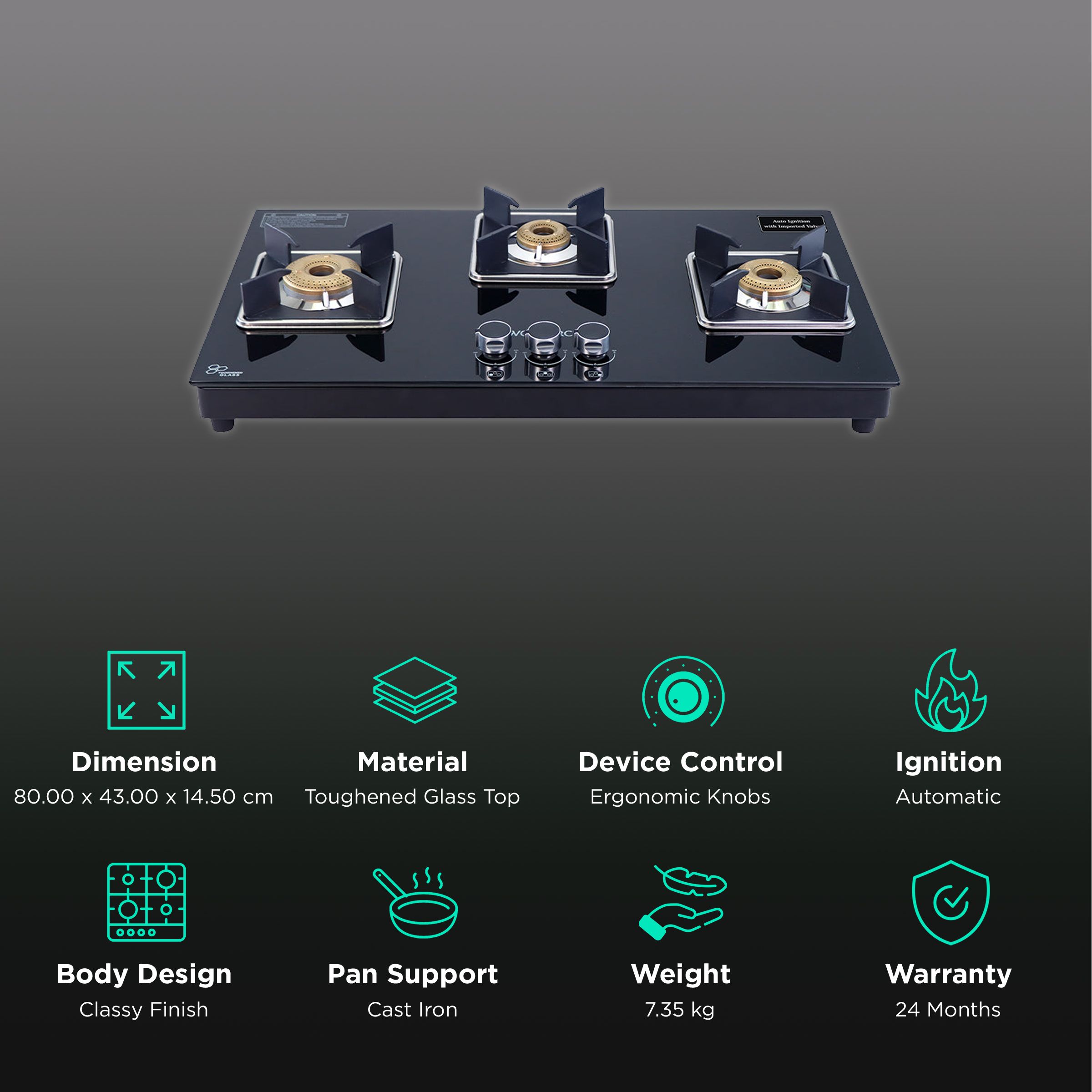 WONDERCHEF Octavia Toughened Glass Top 3 Burner Automatic Hob (Heat Resistant Legs, Black)_3