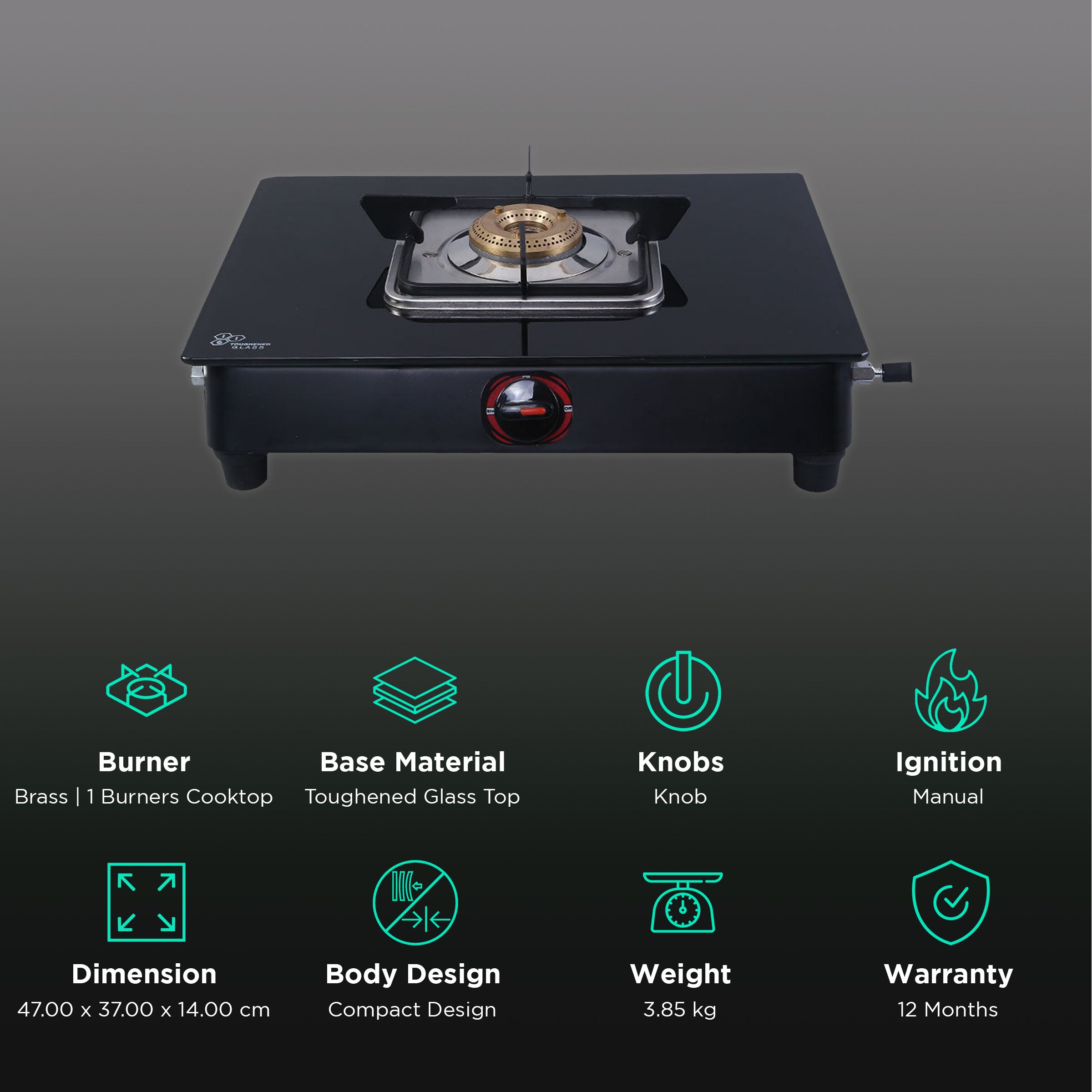 WONDERCHEF Ultima Toughened Glass Top 1 Burner Manual Gas Stove (Compact Design, Black) WONDERCHEF Ultima Toughened Glass Top 1 Burner Manual Gas Stove (Compact Design, Black)_3