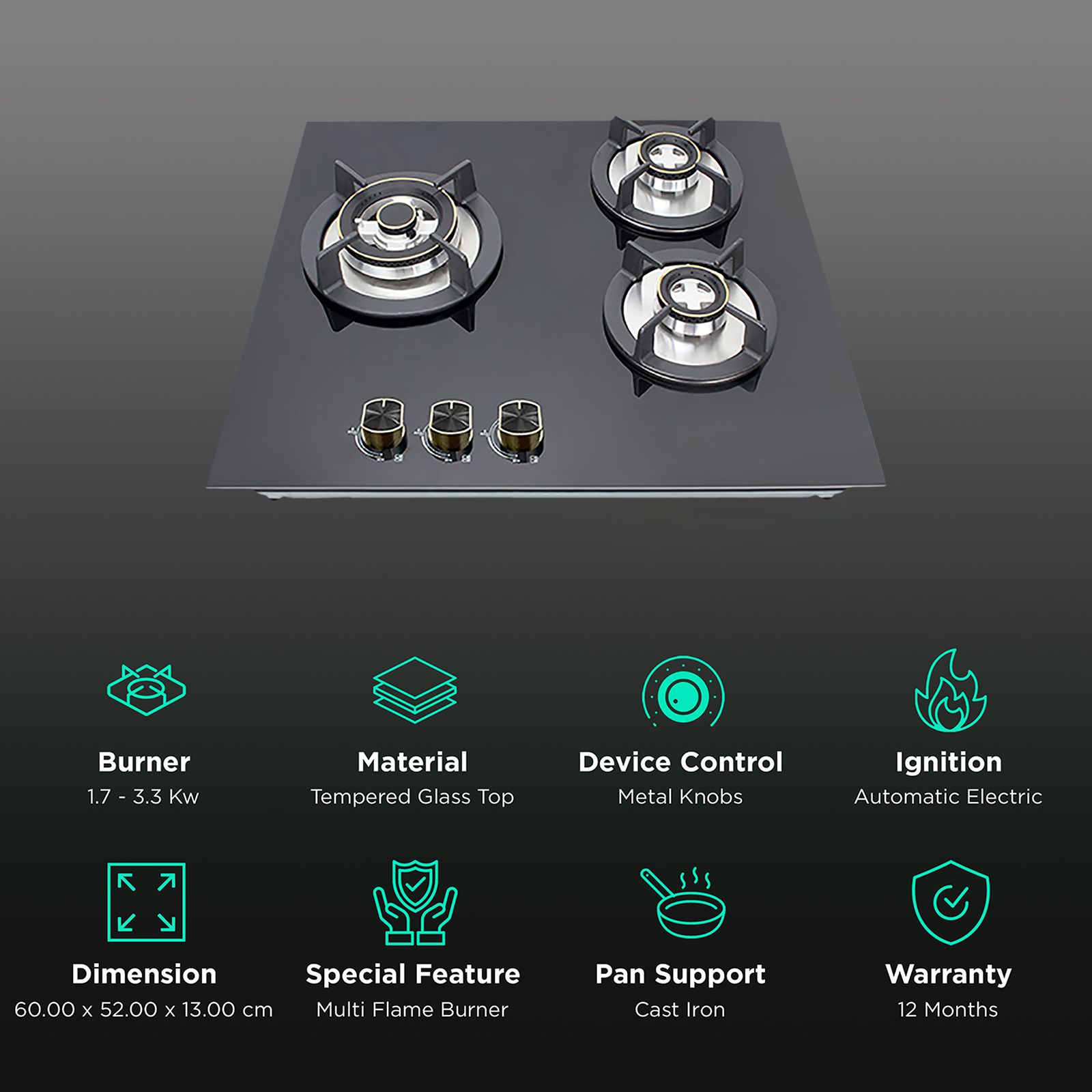 Kutchina Flamma 3B Eco 60 Tempered Glass Top 3 Burner Automatic Electric Hob (Multi Flame Burner, Black) Kutchina Flamma 3B Eco 60 Tempered Glass Top 3 Burner Automatic Electric Hob (Multi Flame Burner, Black)_3
