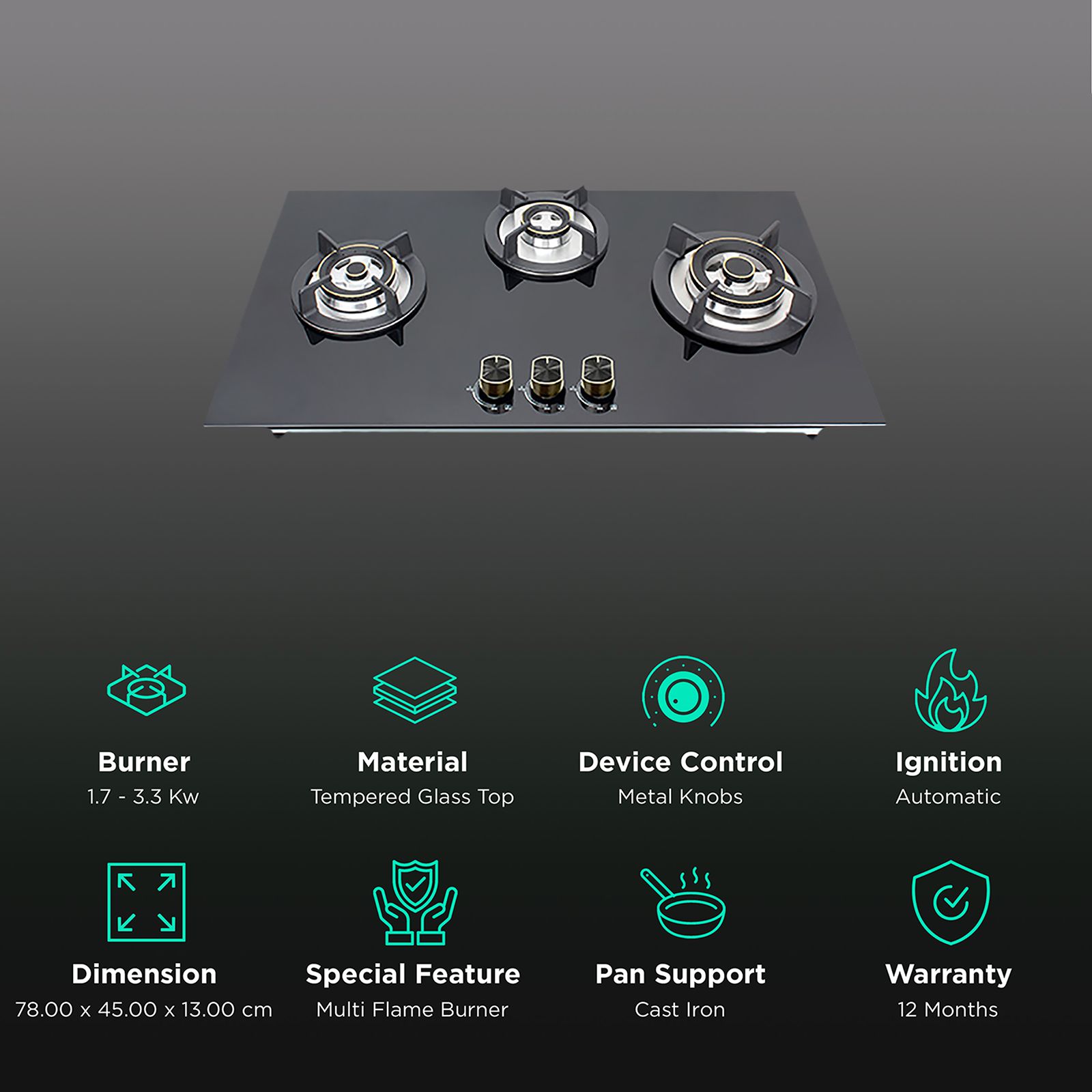 Kutchina Flamma 3B Eco 78 Tempered Glass Top 3 Burner Automatic Hob (Multi Flame Burner, Black) Kutchina Flamma 3B Eco 78 Tempered Glass Top 3 Burner Automatic Hob (Multi Flame Burner, Black)_3