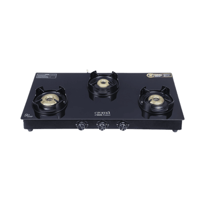 Croma Toughened Glass Top 3 Burner Manual Gas Stove (Rust Proof, Black)