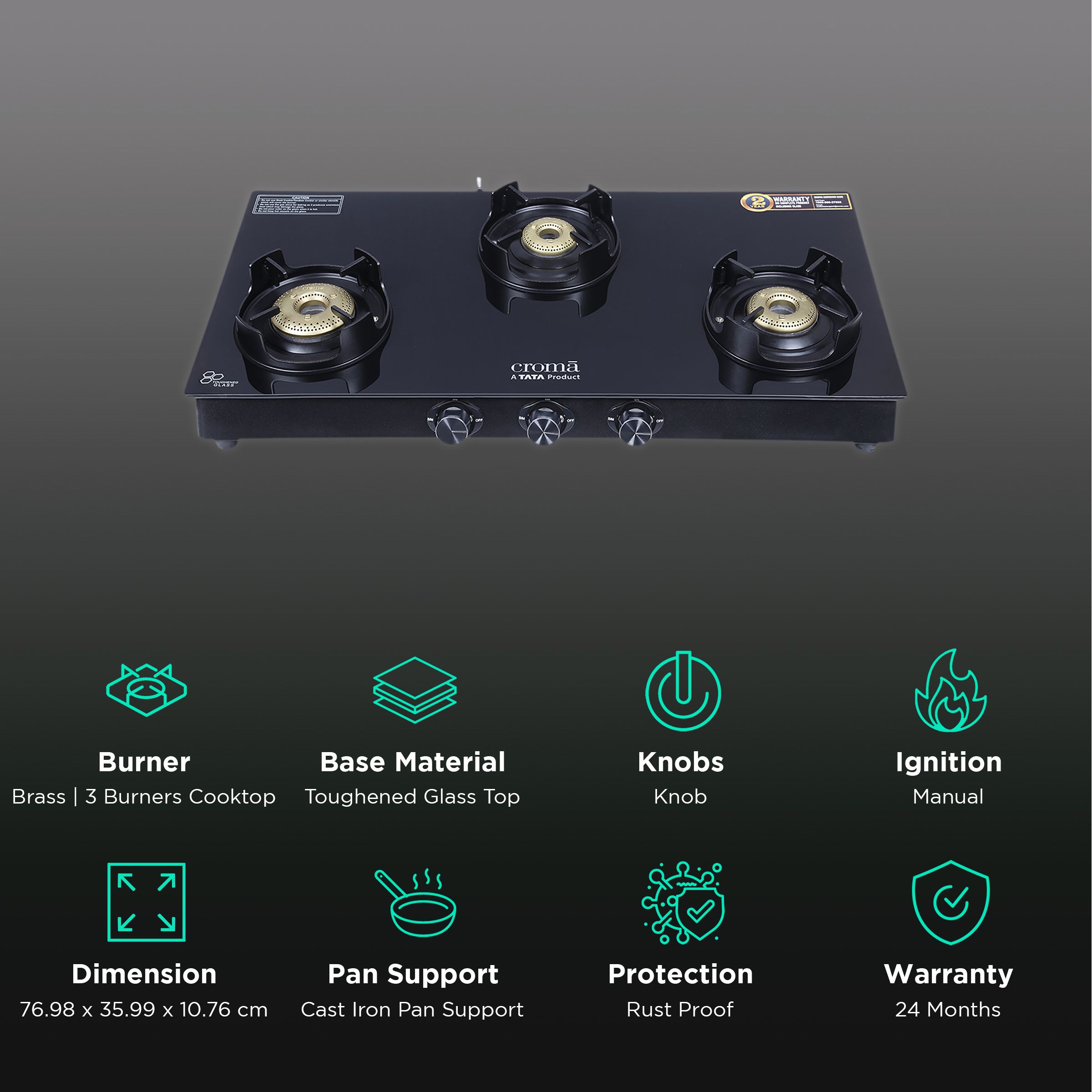 Croma Toughened Glass Top 3 Burner Manual Gas Stove (Rust Proof, Black) Croma Toughened Glass Top 3 Burner Manual Gas Stove (Rust Proof, Black)_3