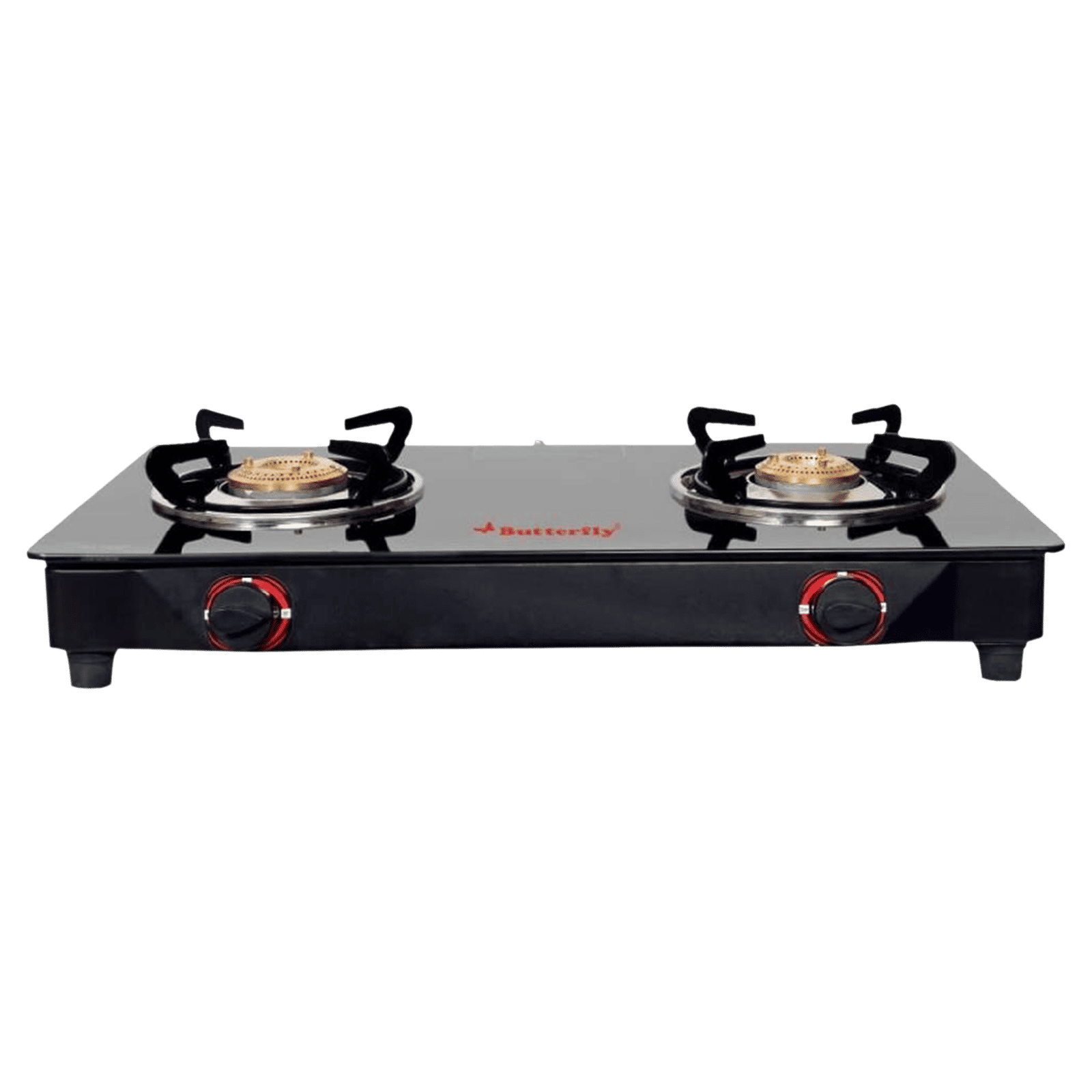 Butterfly Wave Toughened Glass Top 2 Burner Manual Gas Stove (Rust Free Pan Stand, Black)_1