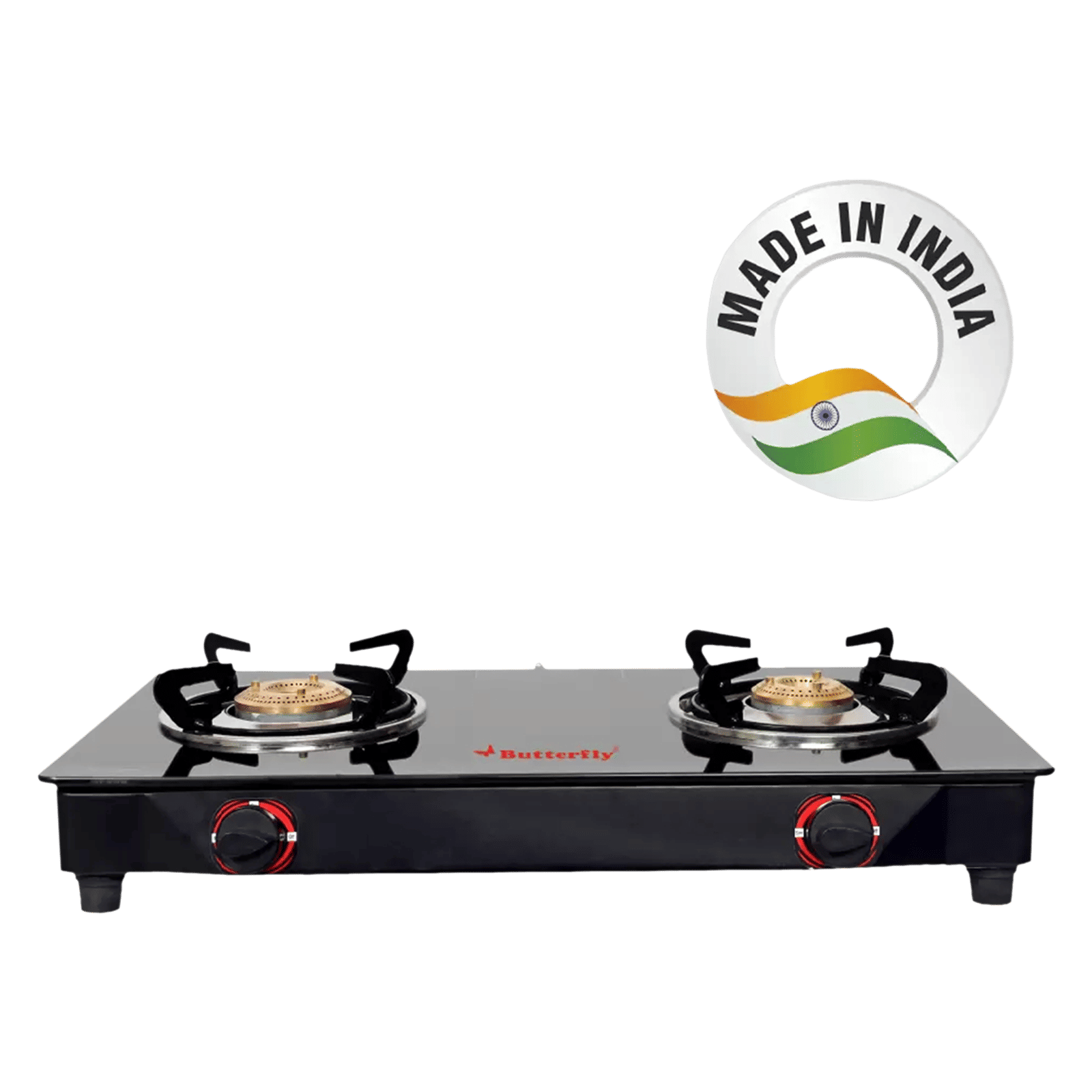 Butterfly Wave Toughened Glass Top 2 Burner Manual Gas Stove (Rust Free Pan Stand, Black)_7