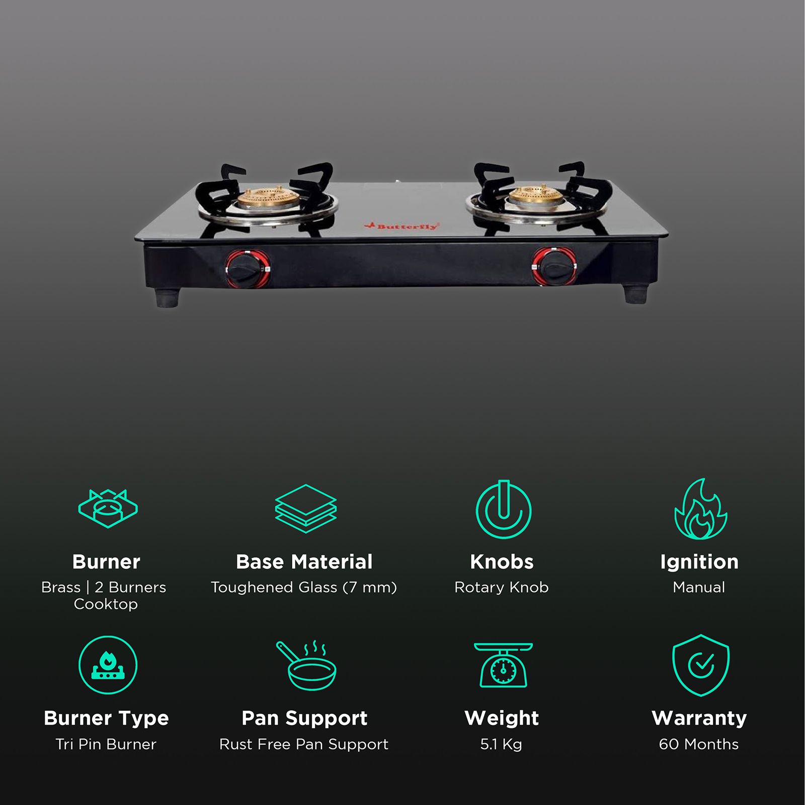 Butterfly Wave Toughened Glass Top 2 Burner Manual Gas Stove (Rust Free Pan Stand, Black)_3