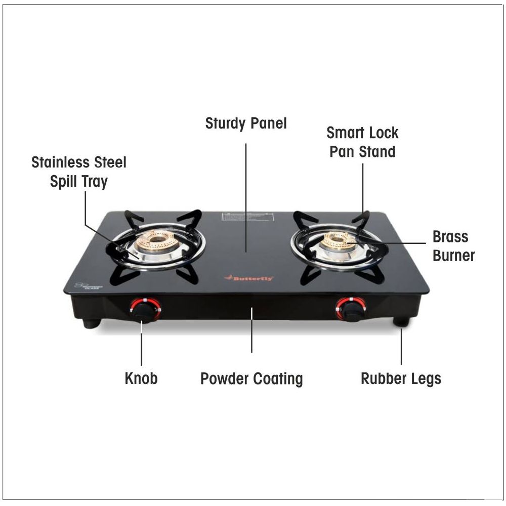 Butterfly Wave Toughened Glass Top 2 Burner Manual Gas Stove (Rust Free Pan Stand, Black)_5