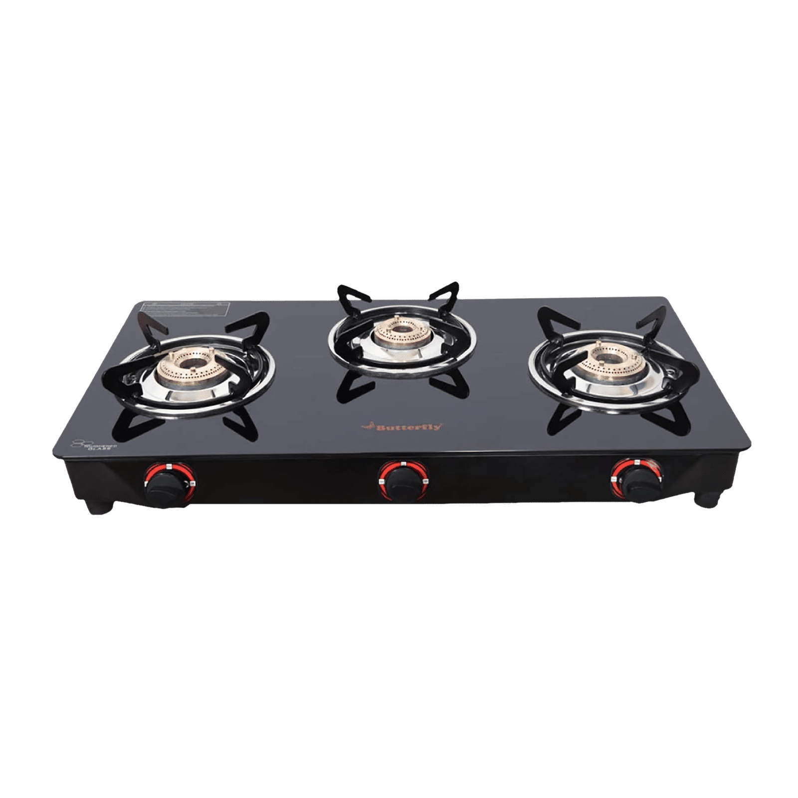 Butterfly Wave Toughened Glass Top 3 Burner Manual Gas Stove (Rust Free Pan Stand, Black)_1
