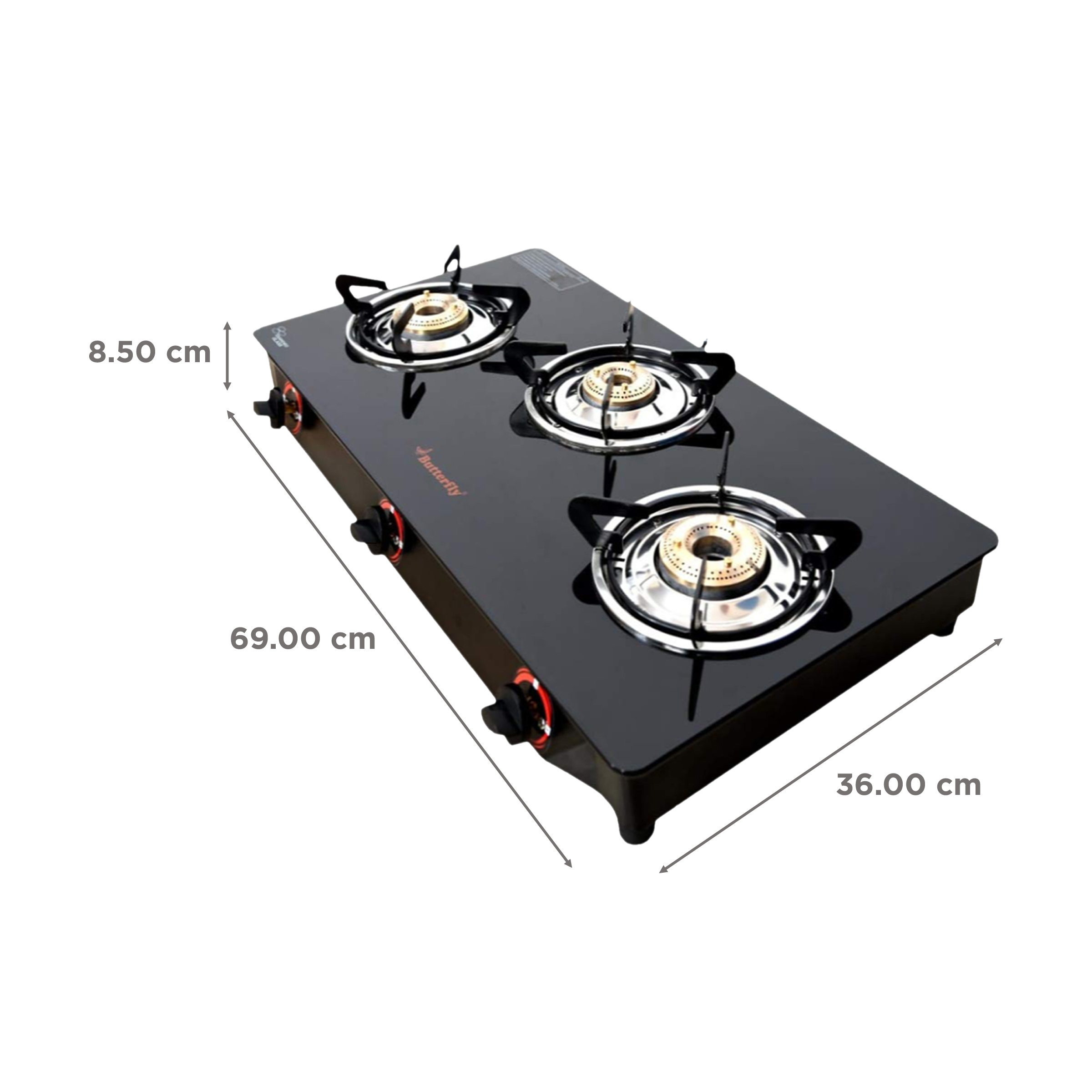 Butterfly Wave Toughened Glass Top 3 Burner Manual Gas Stove (Rust Free Pan Stand, Black)_2