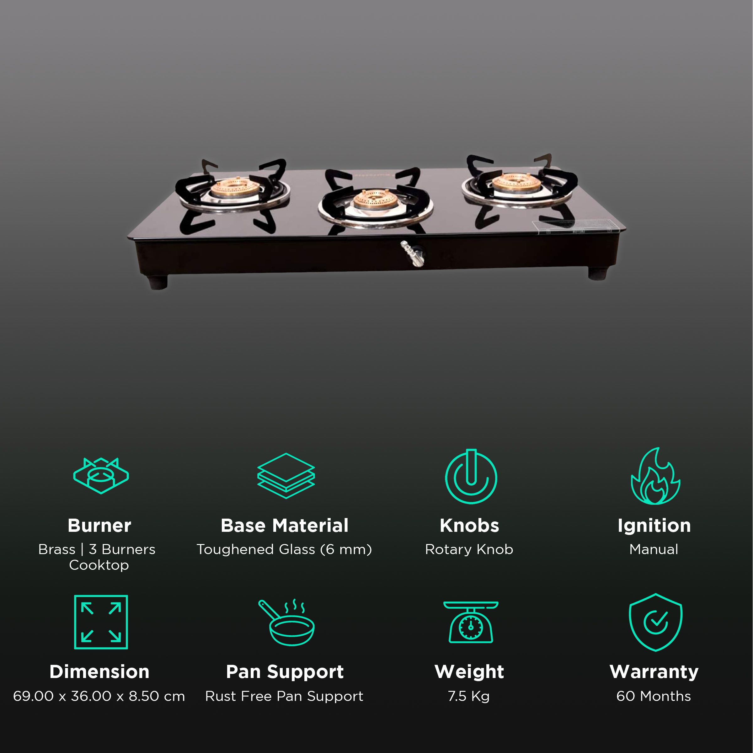 Butterfly Wave Toughened Glass Top 3 Burner Manual Gas Stove (Rust Free Pan Stand, Black)_3