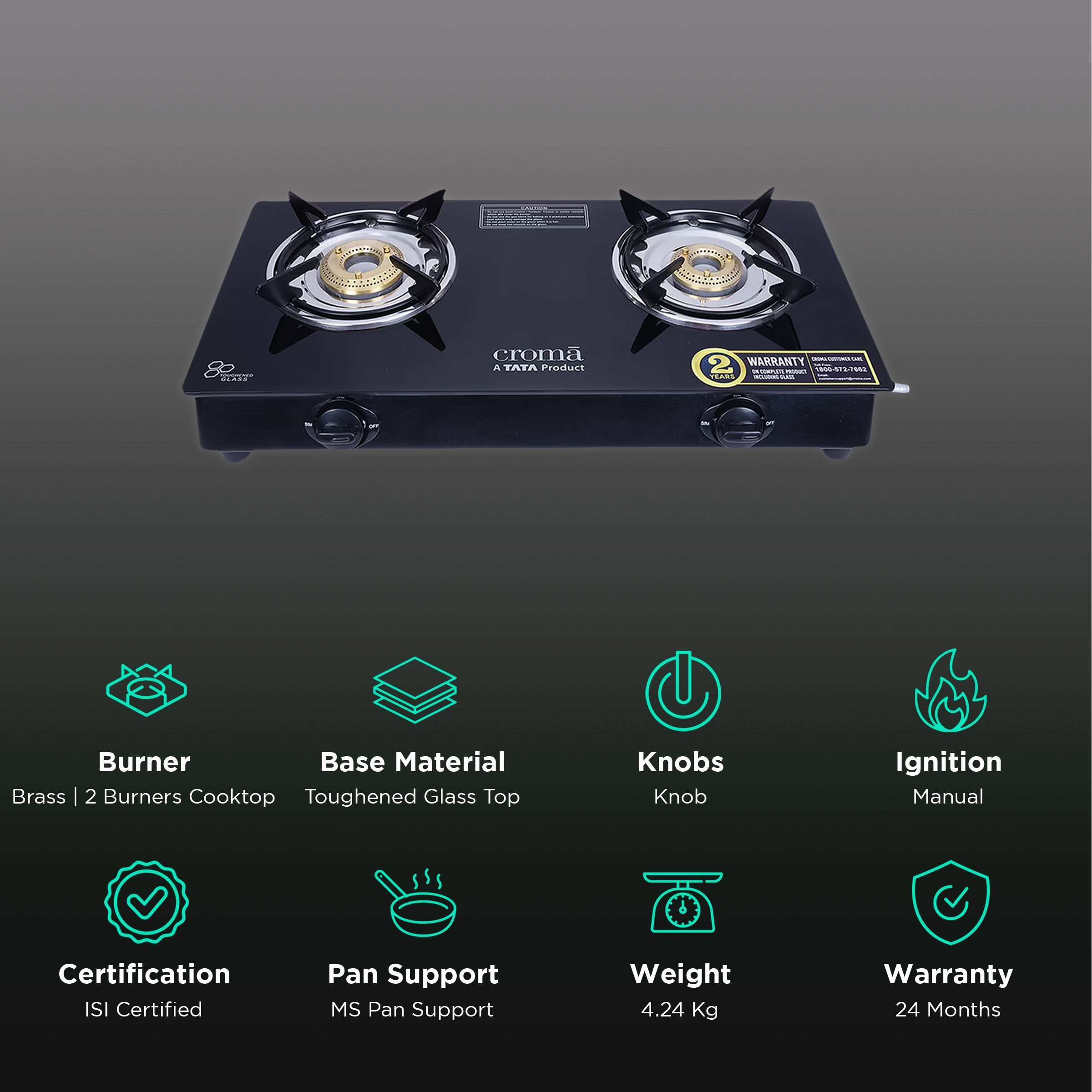 Croma Classic Toughened Glass Top 2 Burner Manual Gas Stove (ISI Certified, Black) Croma Classic Toughened Glass Top 2 Burner Manual Gas Stove (ISI Certified, Black)_3