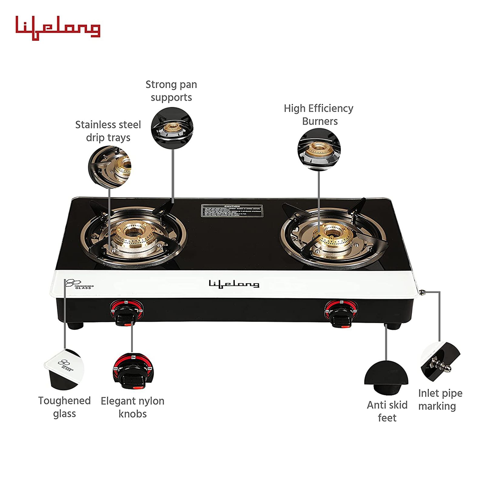 Lifelong LLGS211 Toughened Glass Top 2 Burner Manual Gas Stove (Stainless Steel Drip Tray, Black/White)_6
