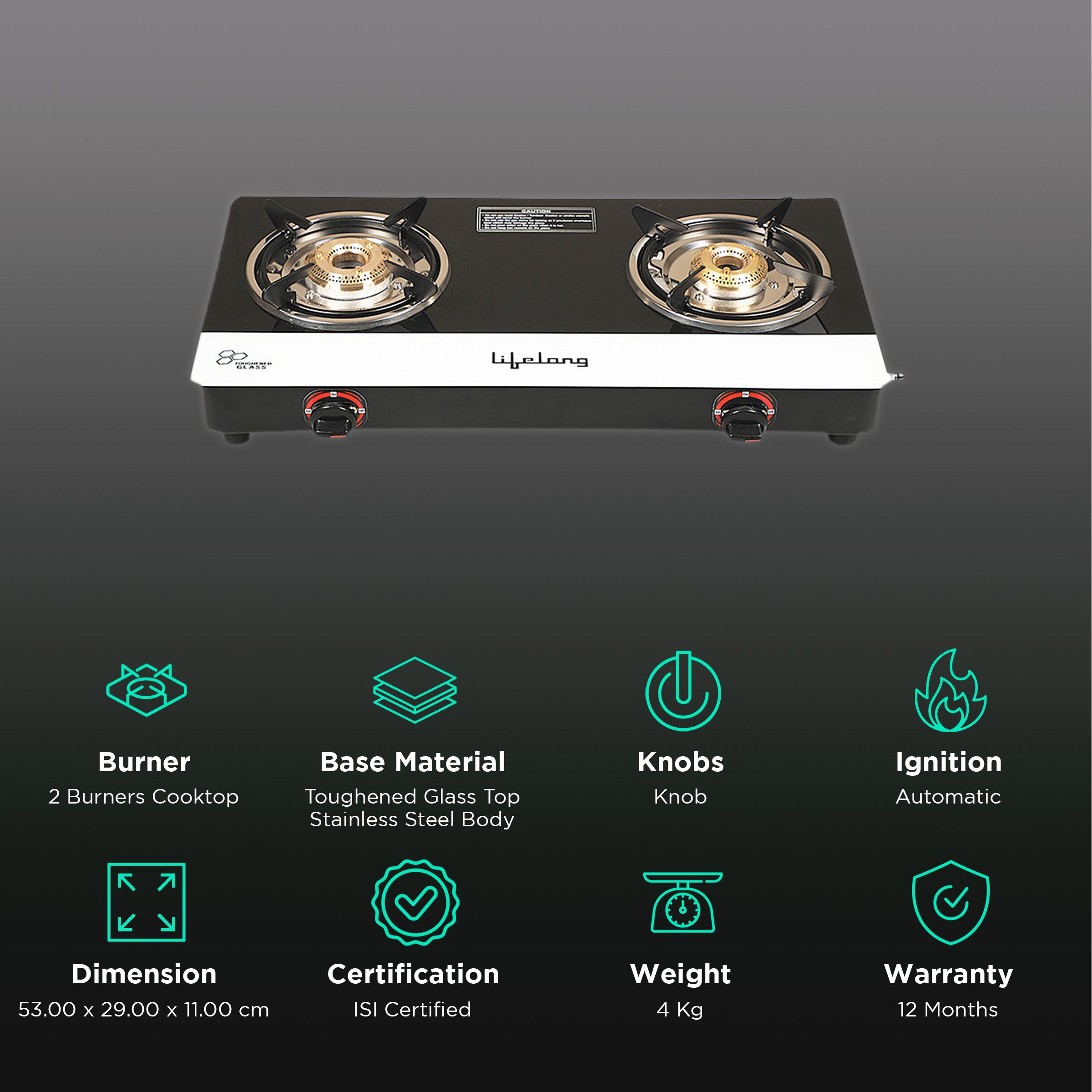 Lifelong LLGS211 Toughened Glass Top 2 Burner Manual Gas Stove (Stainless Steel Drip Tray, Black/White)_3