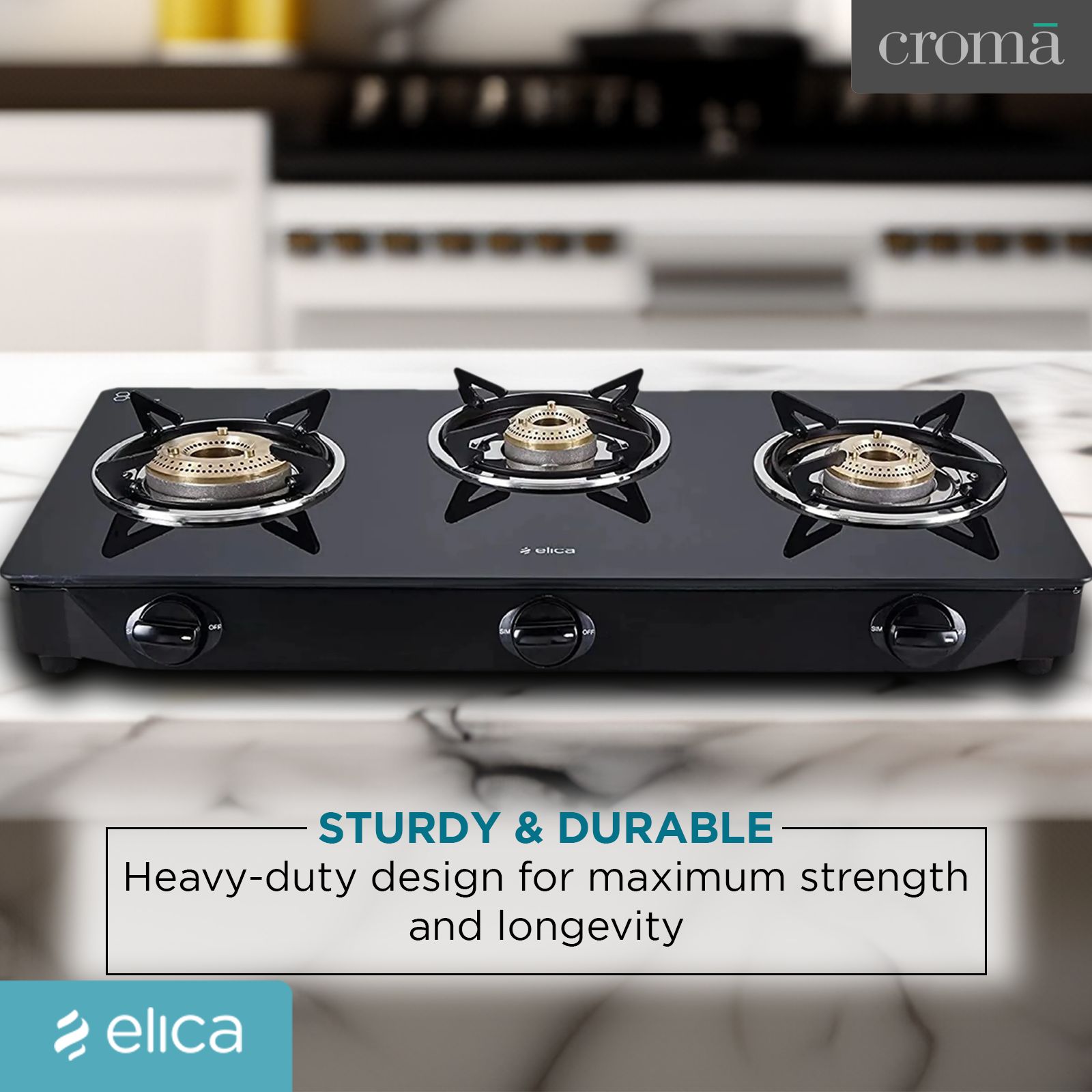 Elica CT VETRO 370 J Toughened Glass Top 3 Burner Manual Gas Stove (Rust Resistant, Black)_11