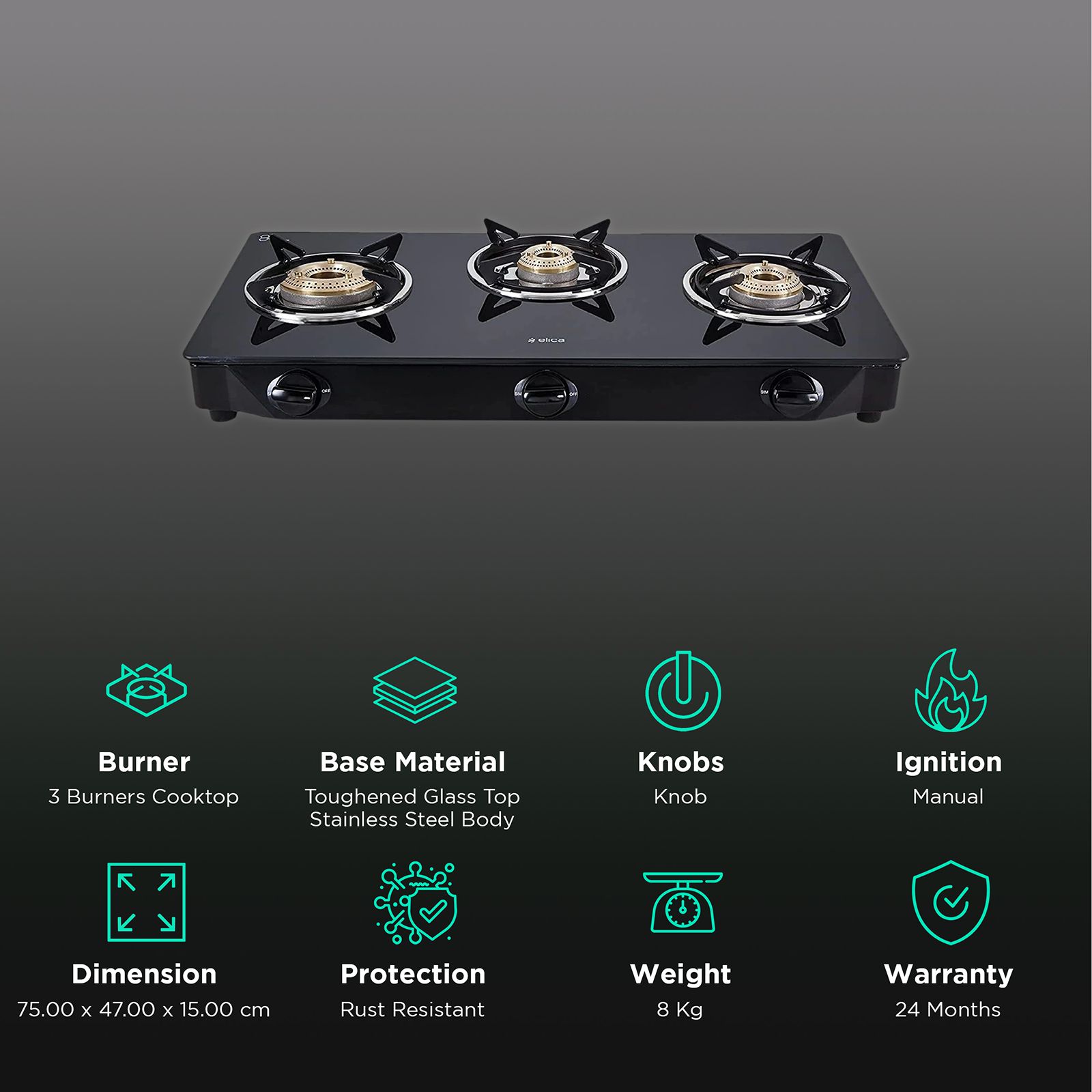 Elica CT VETRO 370 J Toughened Glass Top 3 Burner Manual Gas Stove (Rust Resistant, Black)_3