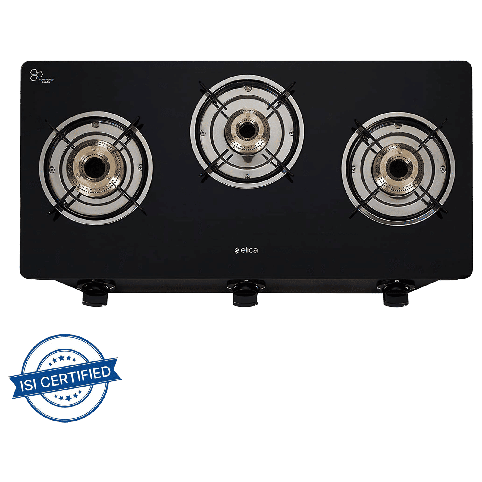 Elica CT VETRO 370 J Toughened Glass Top 3 Burner Manual Gas Stove (Rust Resistant, Black)_5