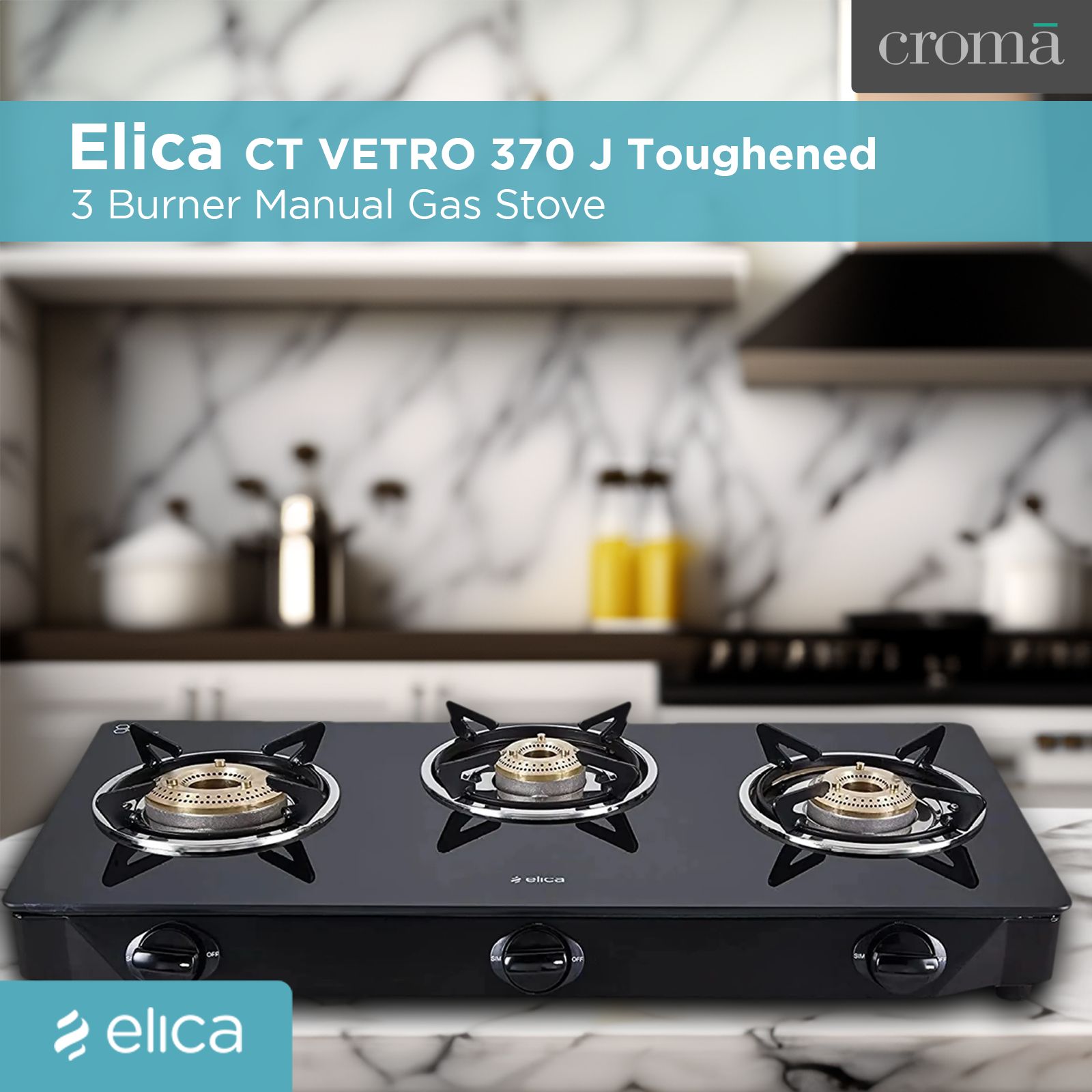 Elica CT VETRO 370 J Toughened Glass Top 3 Burner Manual Gas Stove (Rust Resistant, Black)_6