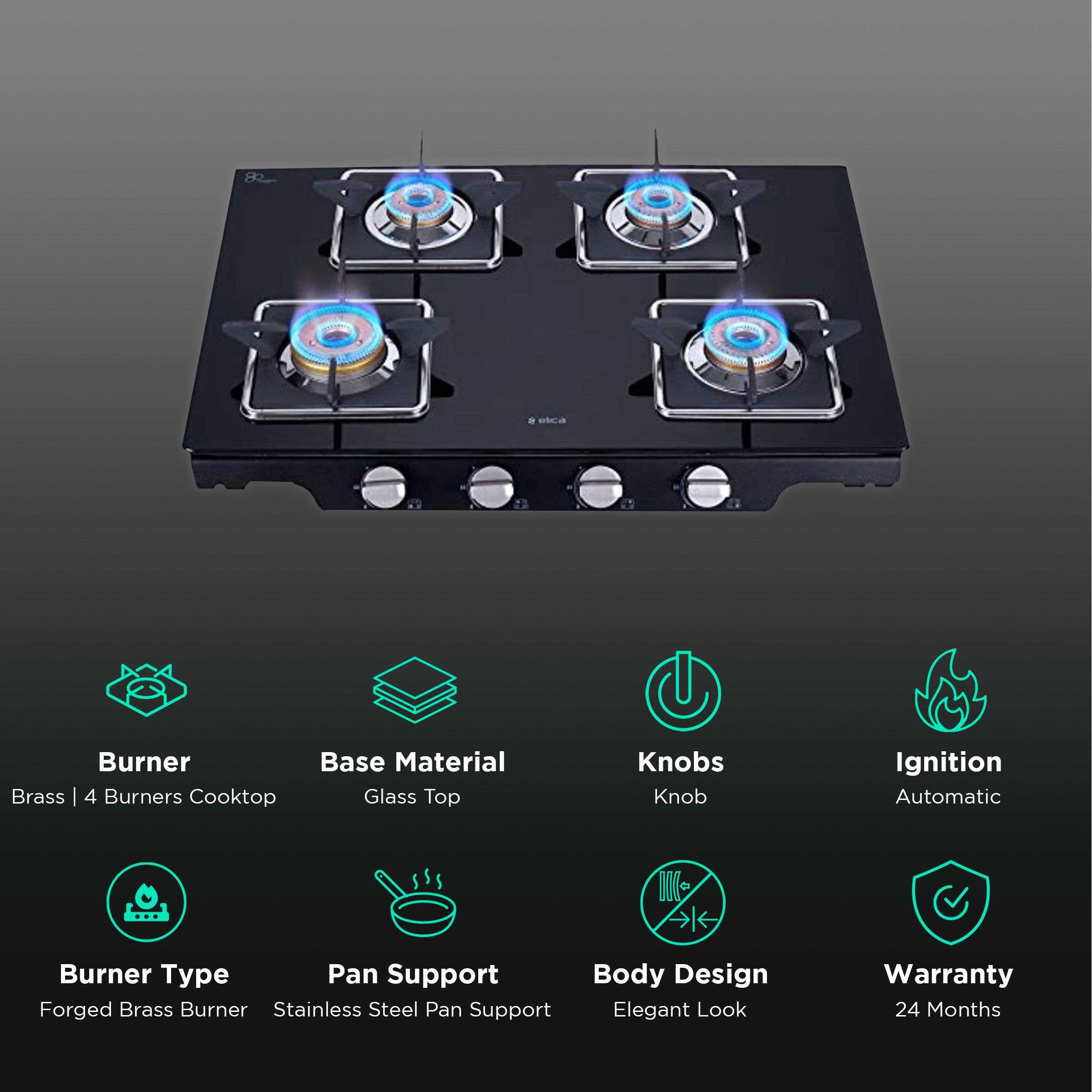 Elica Patio ICT 469 BLK S (SPF SERIES) Glass Top 4 Burner Automatic Gas Stove (Square Enamelled Grid Supports, Black) Elica Patio ICT 469 BLK S (SPF SERIES) Glass Top 4 Burner Automatic Gas Stove (Square Enamelled Grid Supports, Black)_3