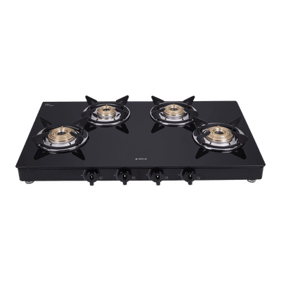 elica 774 CT VETRO 2J (DT SERIES) Glass Top 4 Burner Manual Gas Stove (Round Eurocoated Grids, Black)