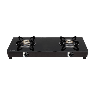 Elica 662 CT VETRO 1J Toughened Glass Top 2 Burner Manual Gas Stove (Round Euro Coated Grid, Black)