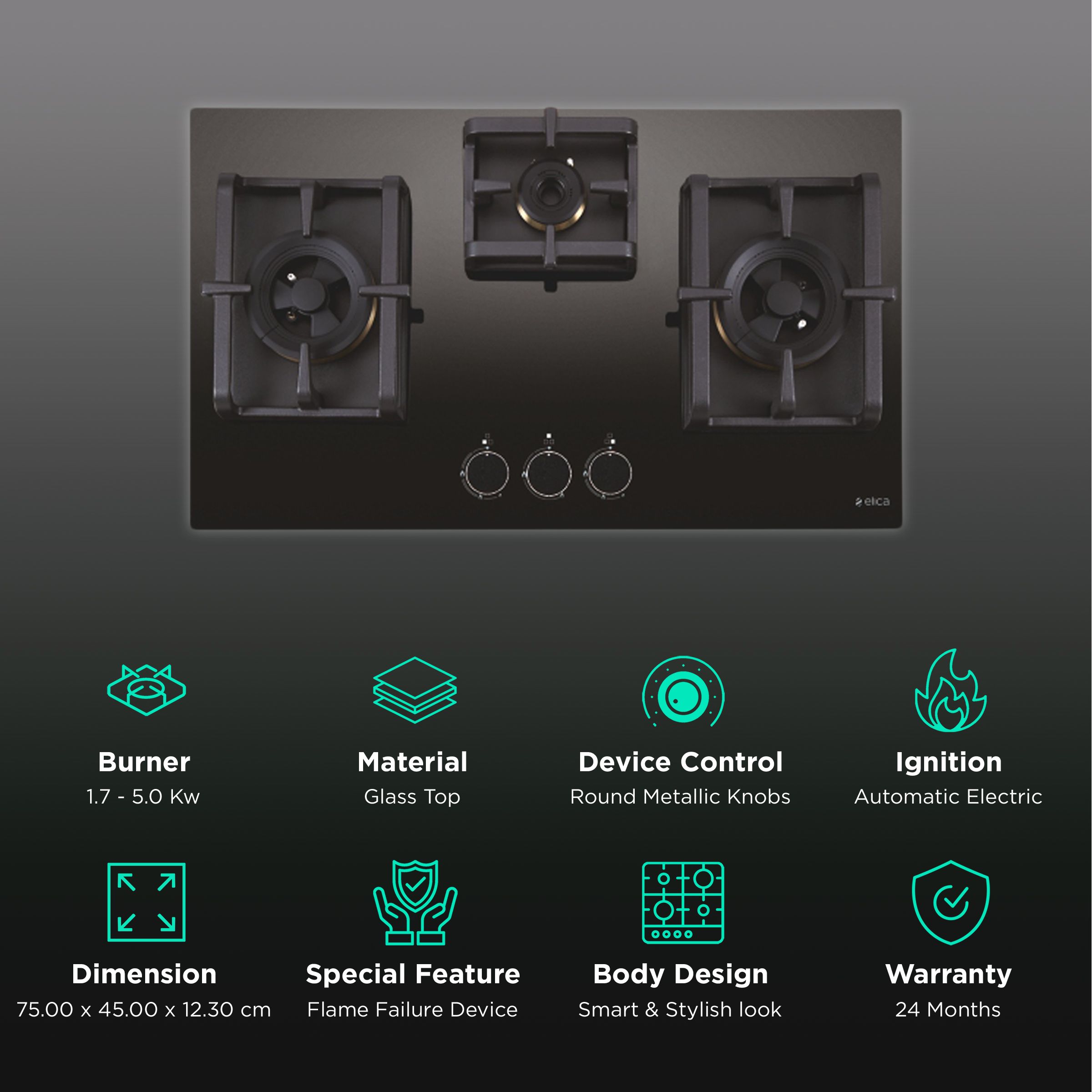 Elica PRO MAX FB MFC 3B 75 DX FFD Glass Top 3 Burner Automatic Electric Hob (Round Metallic Knob, Black) Elica PRO MAX FB MFC 3B 75 DX FFD Glass Top 3 Burner Automatic Electric Hob (Round Metallic Knob, Black)_3