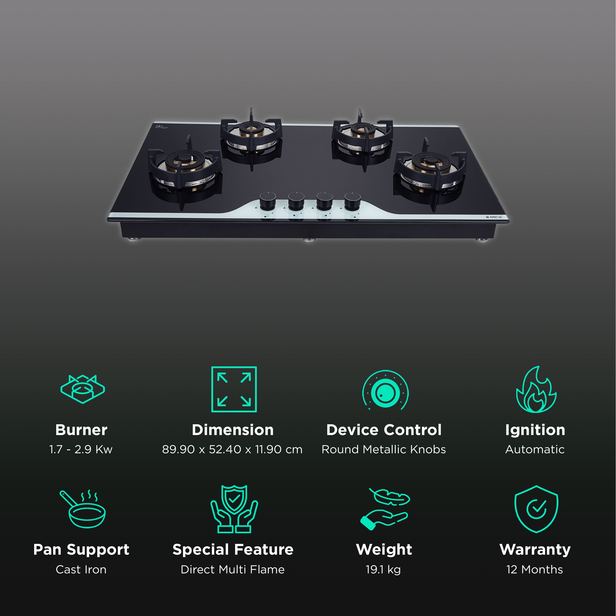 Elica FLEXI DFS FB 490 DX DUAL TONE 4 Burner Automatic Hob (Round Metallic Knob, Black/White)_3