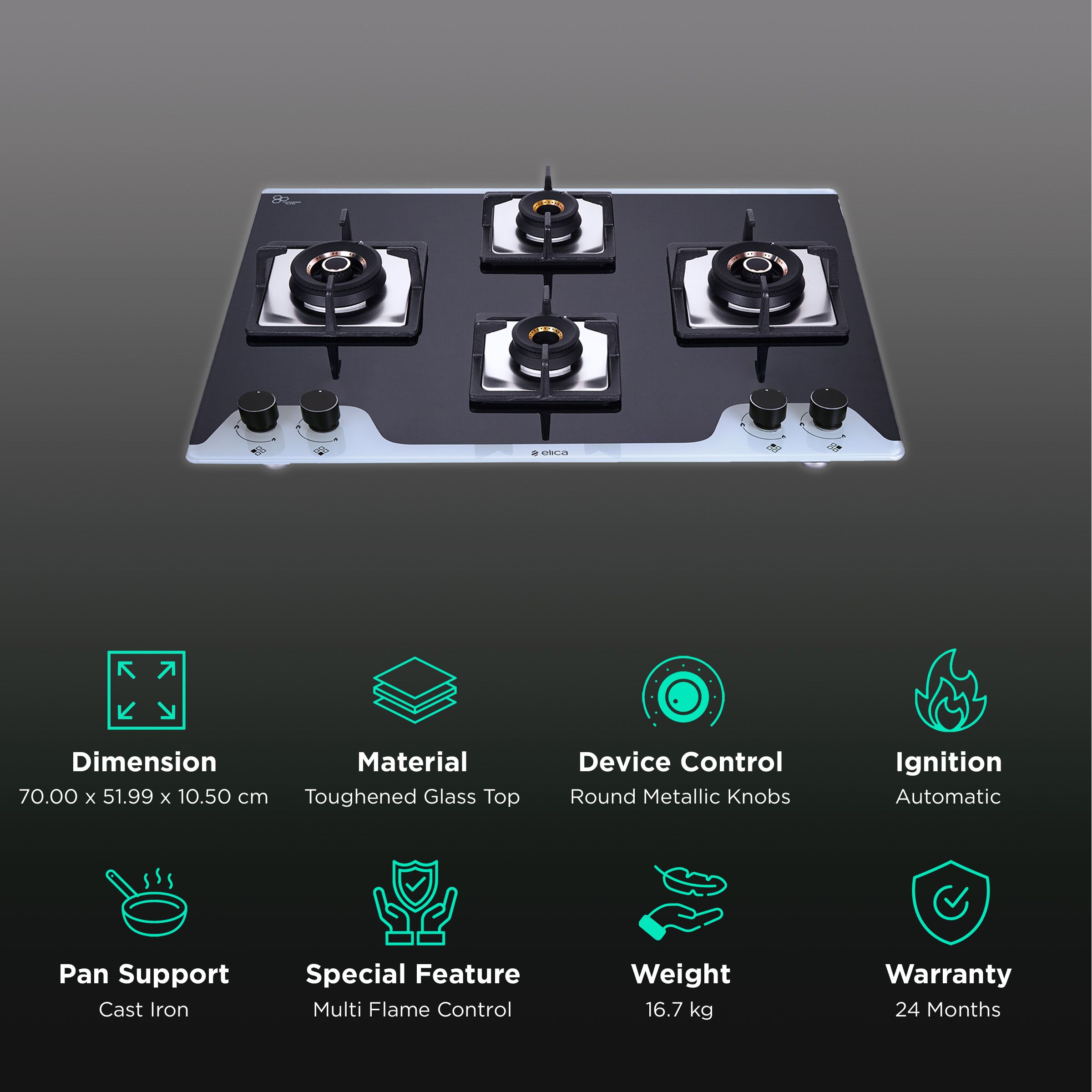 Elica FLEXI AB HCT 470 DX DUAL TONE Toughened Glass Top 4 Burner Automatic Hob (Multi Flame Control, Black/White) Elica FLEXI AB HCT 470 DX DUAL TONE Toughened Glass Top 4 Burner Automatic Hob (Multi Flame Control, Black/White)_3