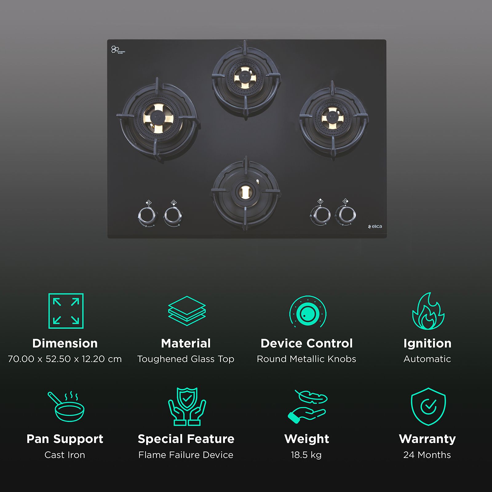 Elica FLEXI DFS FB MFC 4B 70 FFD Toughened Glass Top 4 Burner Automatic Hob (Multi Flame Control, Black)_3