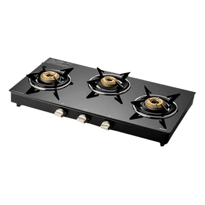 KAFF CTE713B Toughened Glass Top 3 Burner Manual Gas Stove (Matte Enamelled Pan Support, Black)