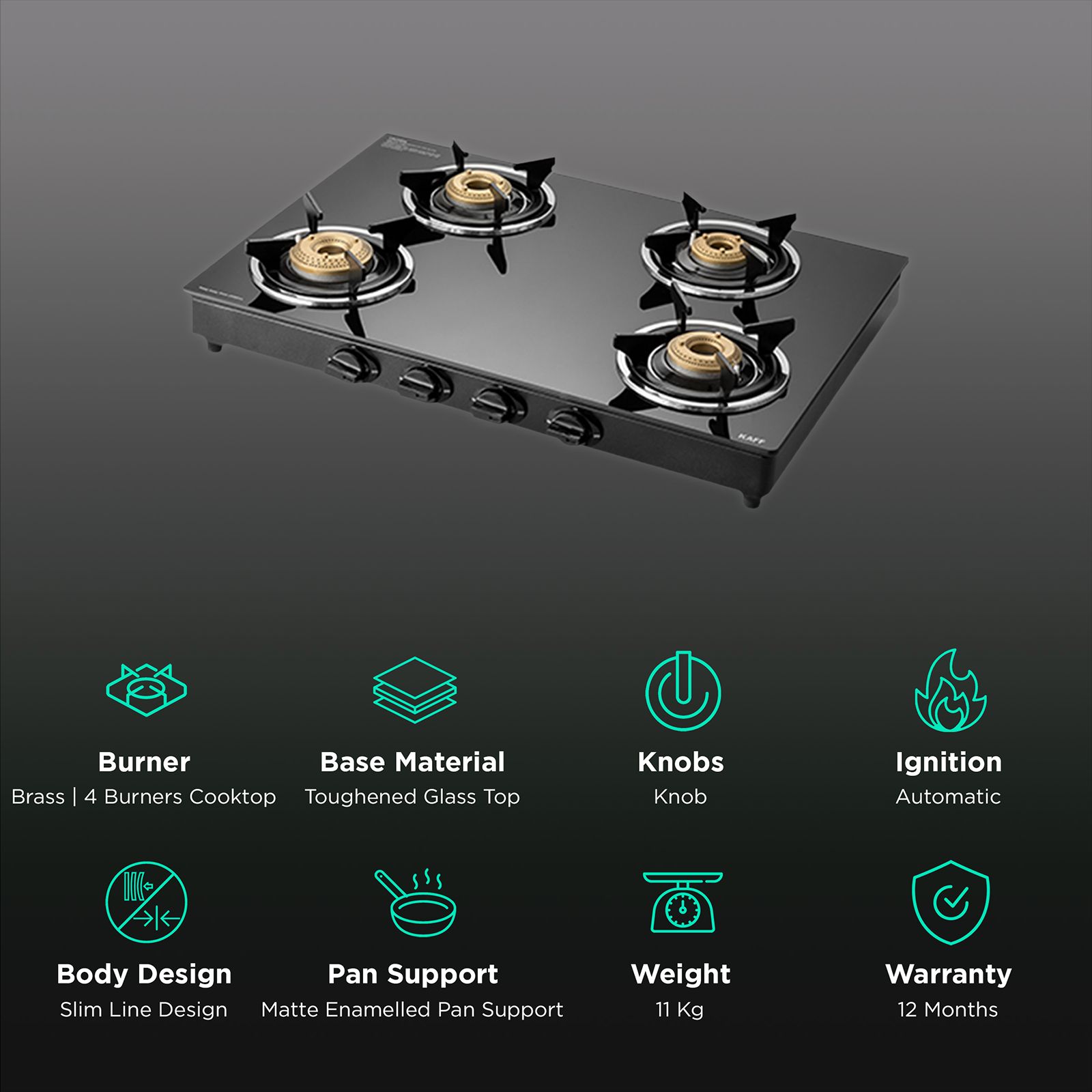 KAFF CTC694BAI Toughened Glass Top 4 Burner Automatic Gas Stove (Matte Enamelled Pan Support, Black) KAFF CTC694BAI Toughened Glass Top 4 Burner Automatic Gas Stove (Matte Enamelled Pan Support, Black)_3