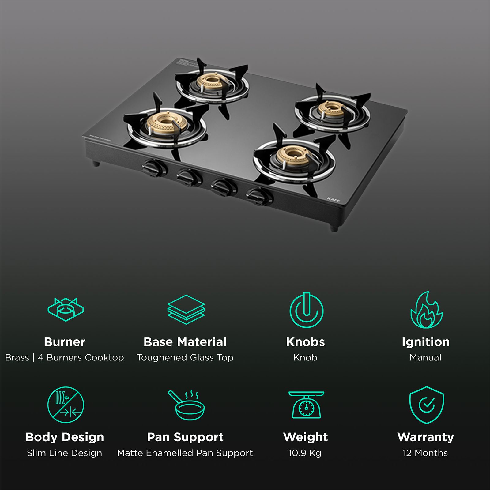 KAFF CTC634B Toughened Glass Top 4 Burner Manual Gas Stove (Matte Enamelled Pan Support, Black) KAFF CTC634B Toughened Glass Top 4 Burner Manual Gas Stove (Matte Enamelled Pan Support, Black)_3