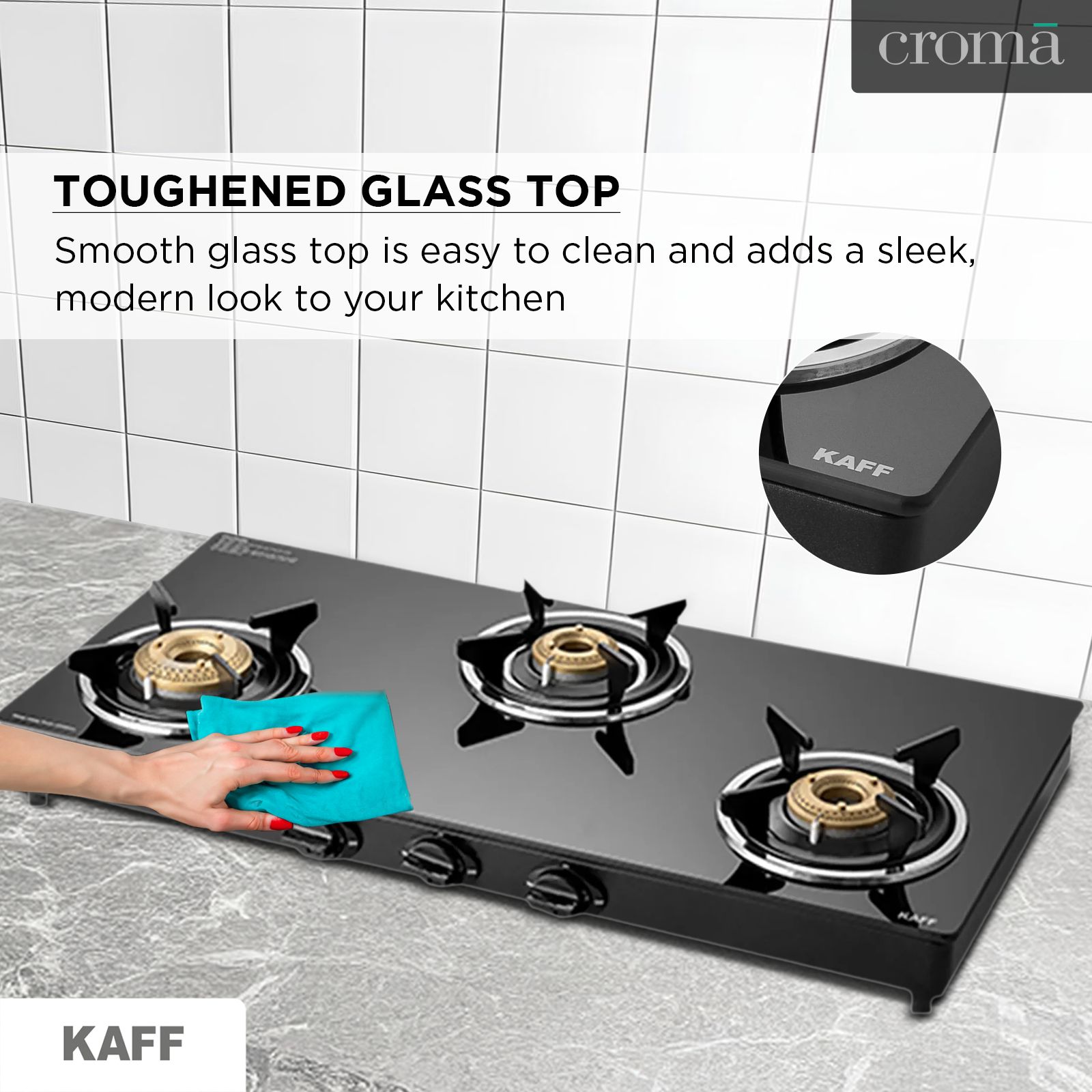 KAFF CTC773B Toughened Glass Top 3 Burner Manual Gas Stove (Matte Enamelled Pan Support, Black) KAFF CTC773B Toughened Glass Top 3 Burner Manual Gas Stove (Matte Enamelled Pan Support, Black)_10