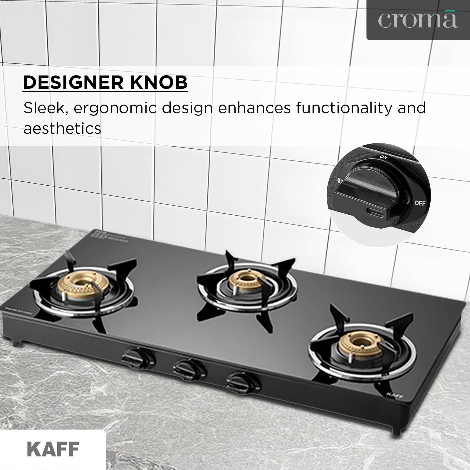 KAFF CTC773B Toughened Glass Top 3 Burner Manual Gas Stove (Matte Enamelled Pan Support, Black) KAFF CTC773B Toughened Glass Top 3 Burner Manual Gas Stove (Matte Enamelled Pan Support, Black)_12
