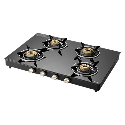 KAFF CTE694B Toughened Glass Top 4 Burner Manual Gas Stove (Matte Enamelled Pan Support, Black)