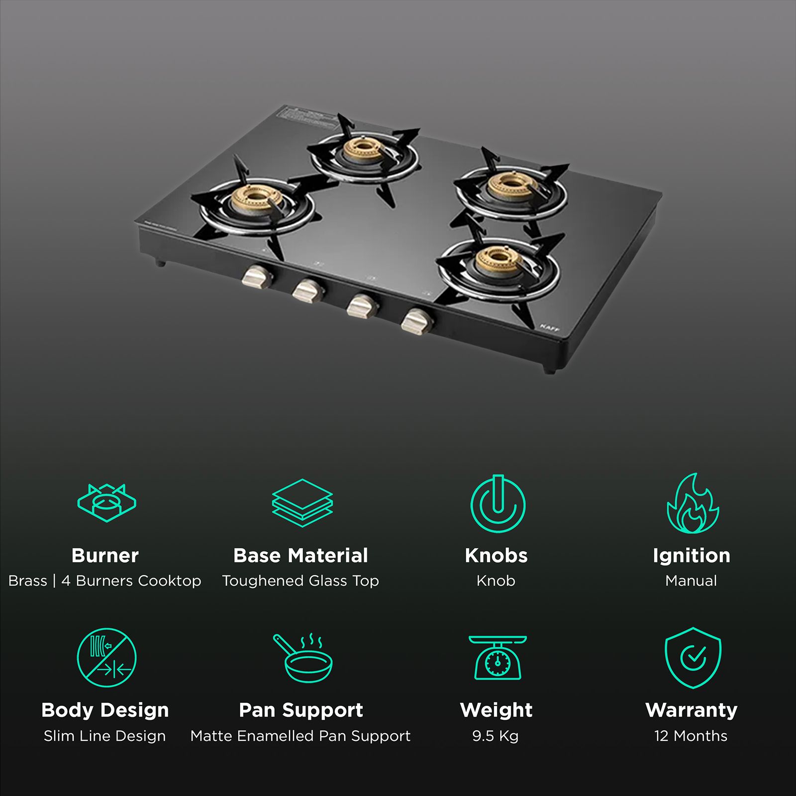KAFF CTE694B Toughened Glass Top 4 Burner Manual Gas Stove (Matte Enamelled Pan Support, Black) KAFF CTE694B Toughened Glass Top 4 Burner Manual Gas Stove (Matte Enamelled Pan Support, Black)_3