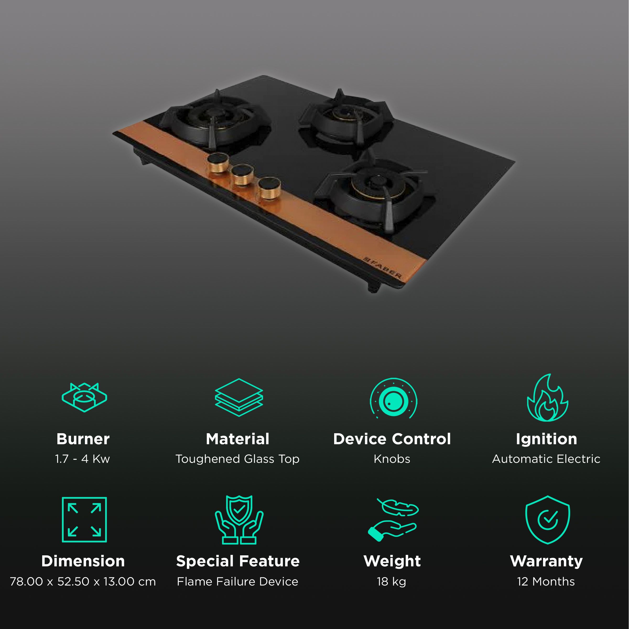 Faber Utopia Pro HT 783 BR CI Toughened Glass Top 3 Burner Automatic Electric Hob (Flame Failure Device, Black) Faber Utopia Pro HT 783 BR CI Toughened Glass Top 3 Burner Automatic Electric Hob (Flame Failure Device, Black)_3