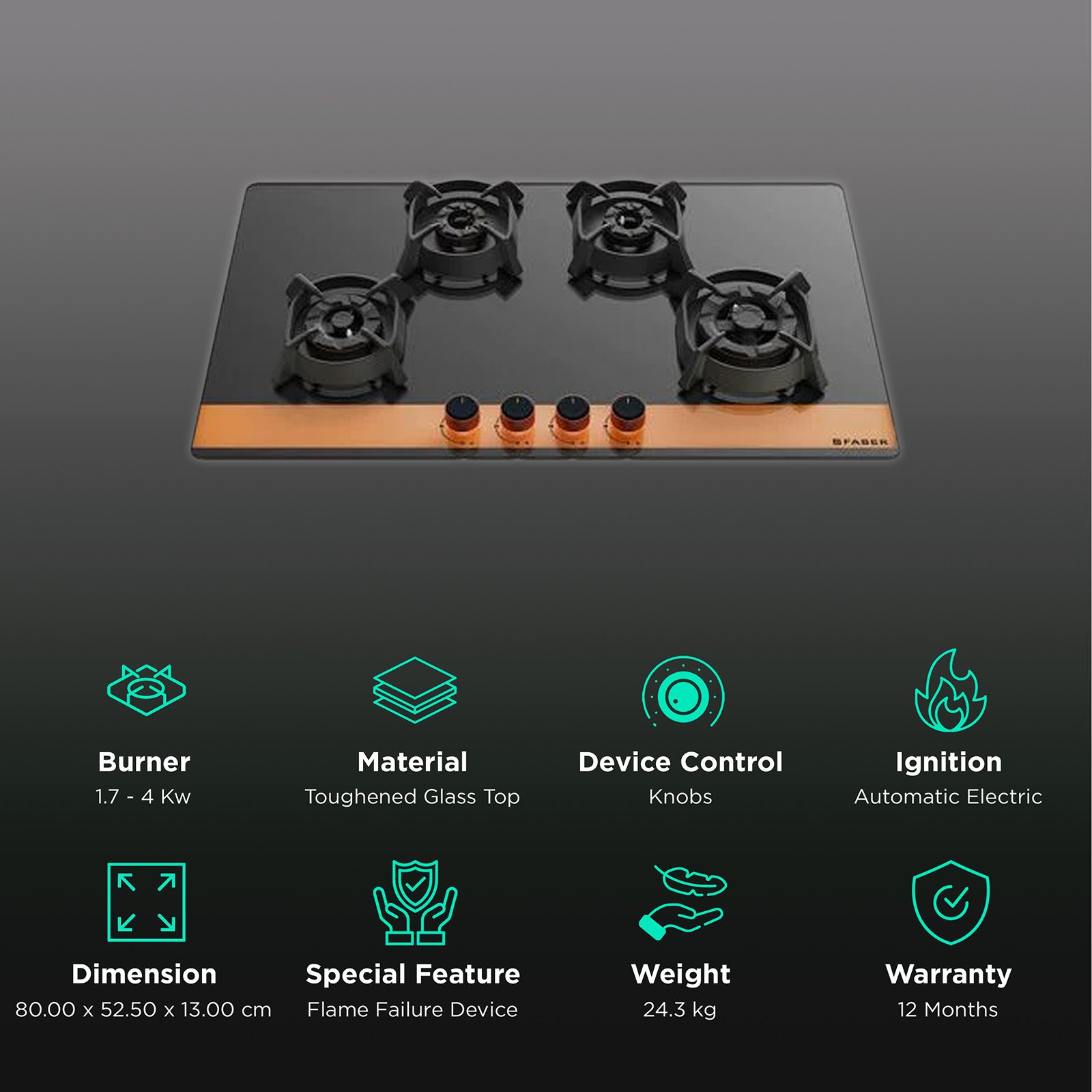 Faber Utopia Pro HT 804 BR CI Toughened Glass Top 4 Burner Automatic Electric Hob (Flame Failure Device, Black) Faber Utopia Pro HT 804 BR CI Toughened Glass Top 4 Burner Automatic Electric Hob (Flame Failure Device, Black)_3