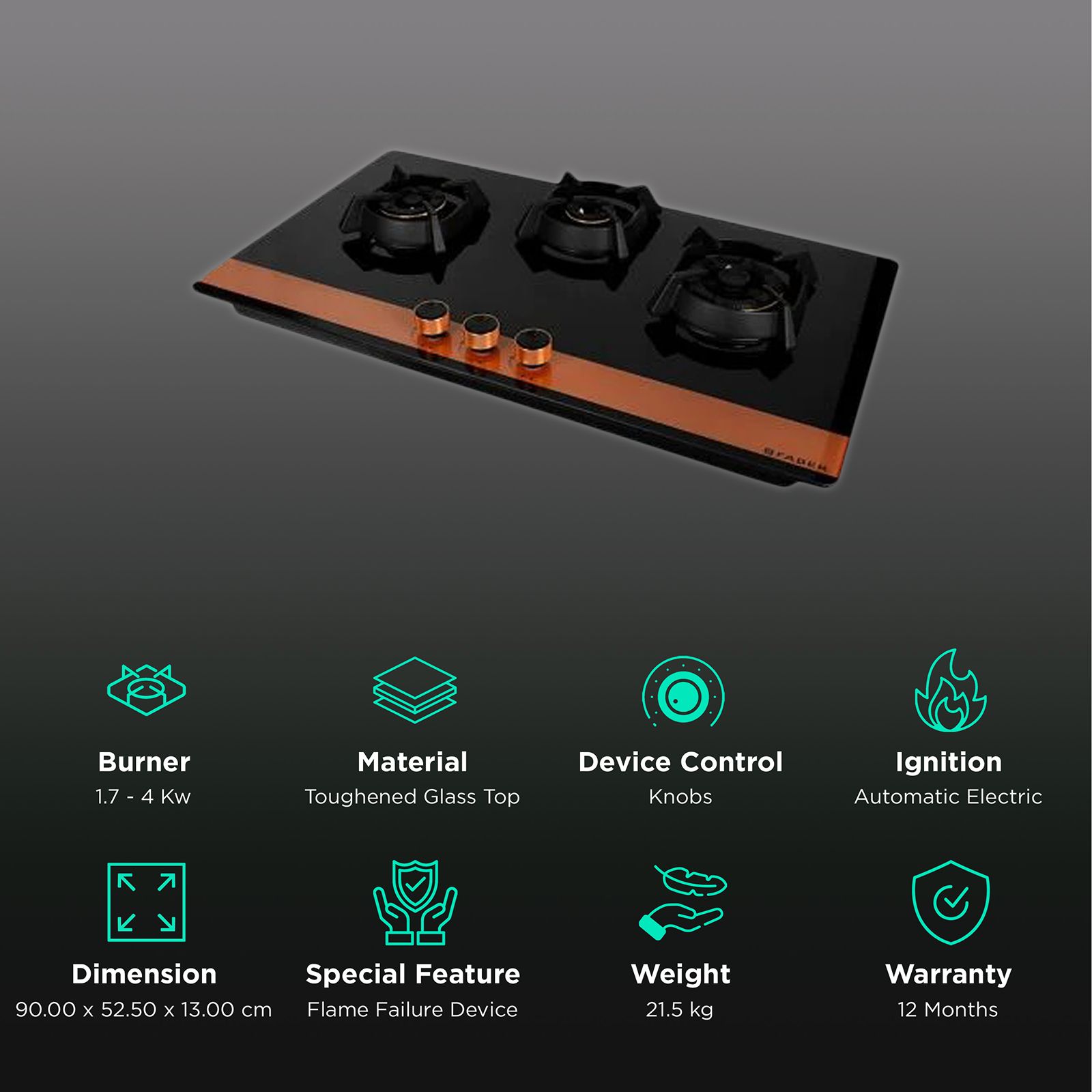 Faber Utopia Pro HT 903 BR CI Toughened Glass Top 3 Burner Automatic Electric Hob (Flame Failure Device, Black) Faber Utopia Pro HT 903 BR CI Toughened Glass Top 3 Burner Automatic Electric Hob (Flame Failure Device, Black)_3