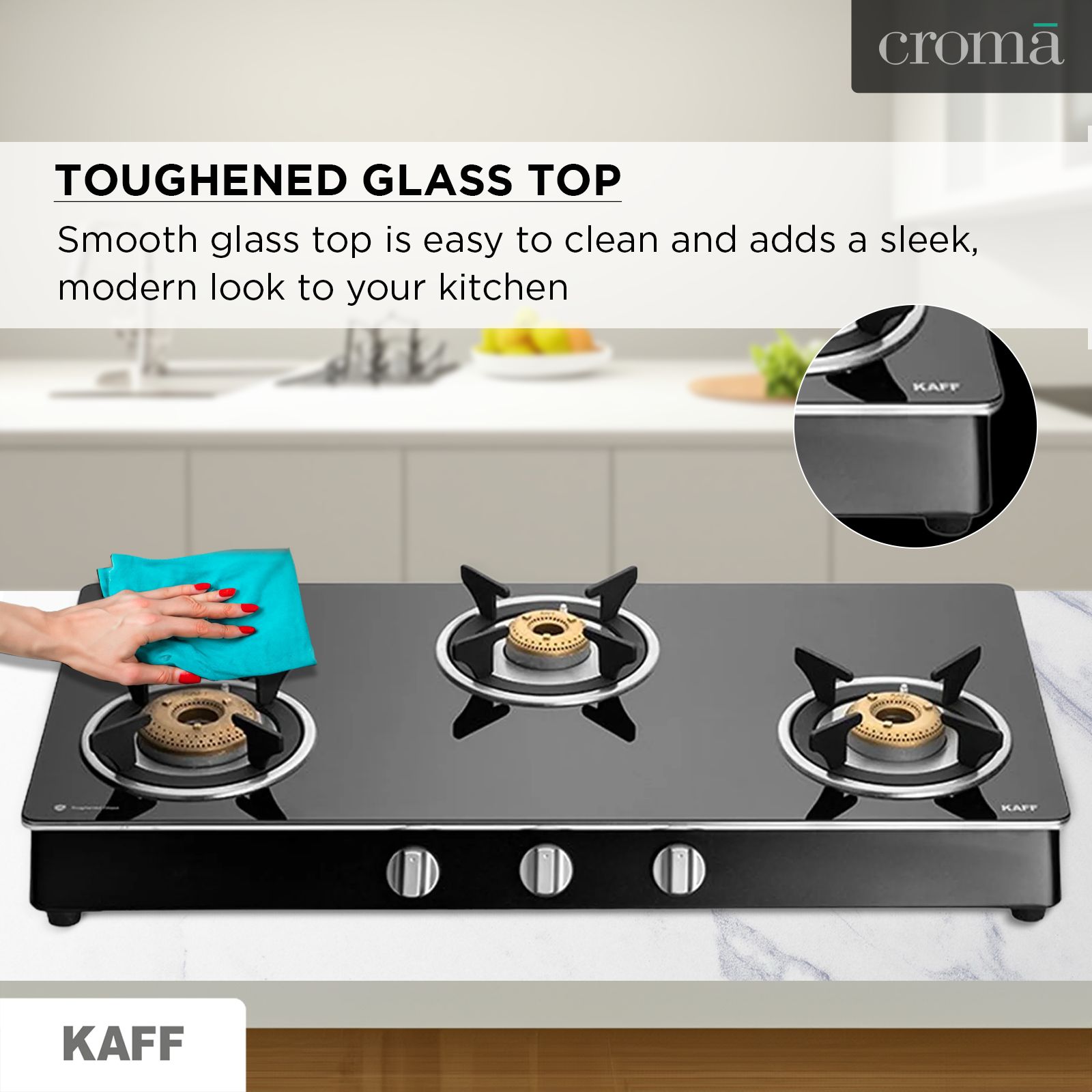 KAFF CTAI773B Toughened Glass Top 3 Burner Automatic Gas Stove (Heavy Duty Pan Support, Black) KAFF CTAI773B Toughened Glass Top 3 Burner Automatic Gas Stove (Heavy Duty Pan Support, Black)_9
