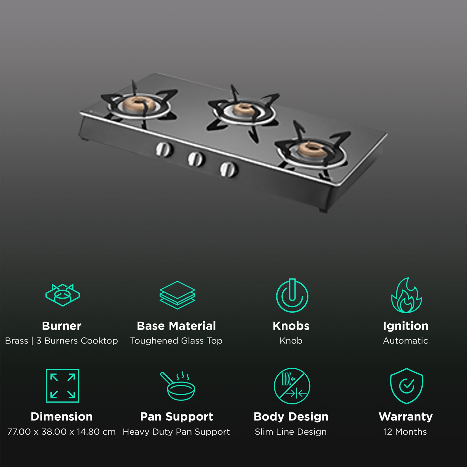 KAFF CTAI773B Toughened Glass Top 3 Burner Automatic Gas Stove (Heavy Duty Pan Support, Black) KAFF CTAI773B Toughened Glass Top 3 Burner Automatic Gas Stove (Heavy Duty Pan Support, Black)_3