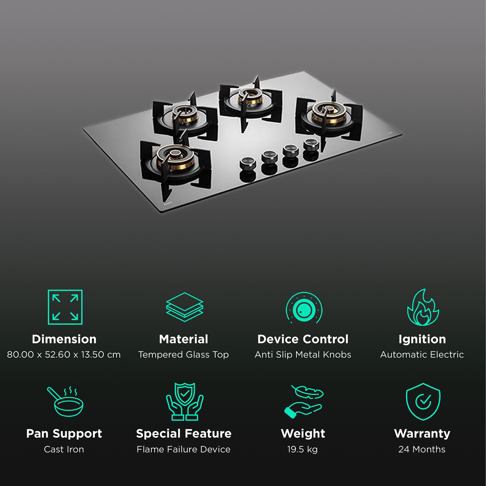 KAFF INF 804 Tempered Glass Top 4 Burner Automatic Electric Hob (Flame Failure Device, Black)_3
