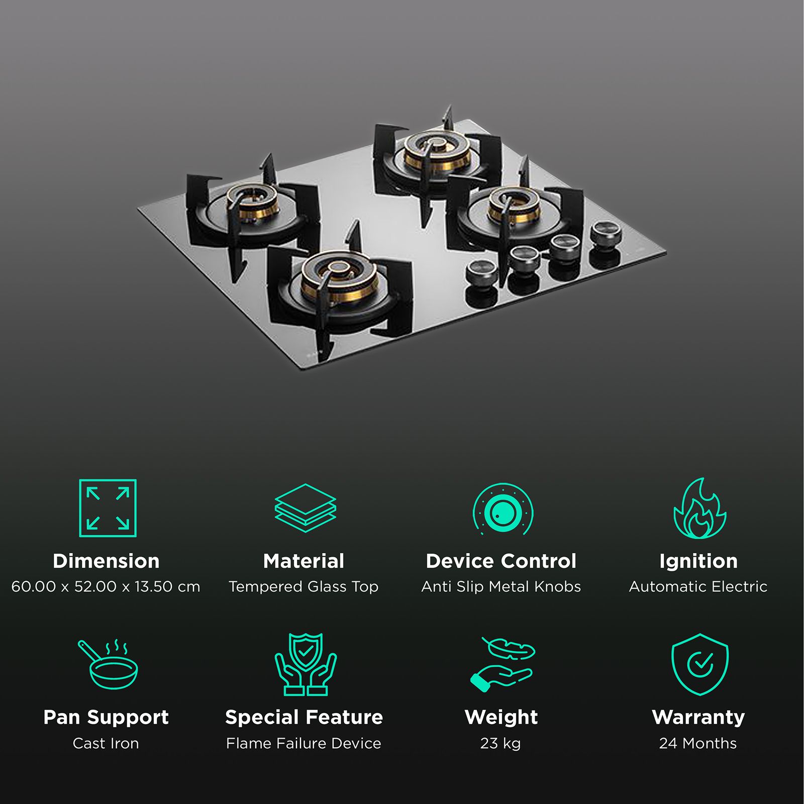 KAFF INF 604 Tempered Glass Top 4 Burner Automatic Electric Hob (Flame Failure Device, Black)_3