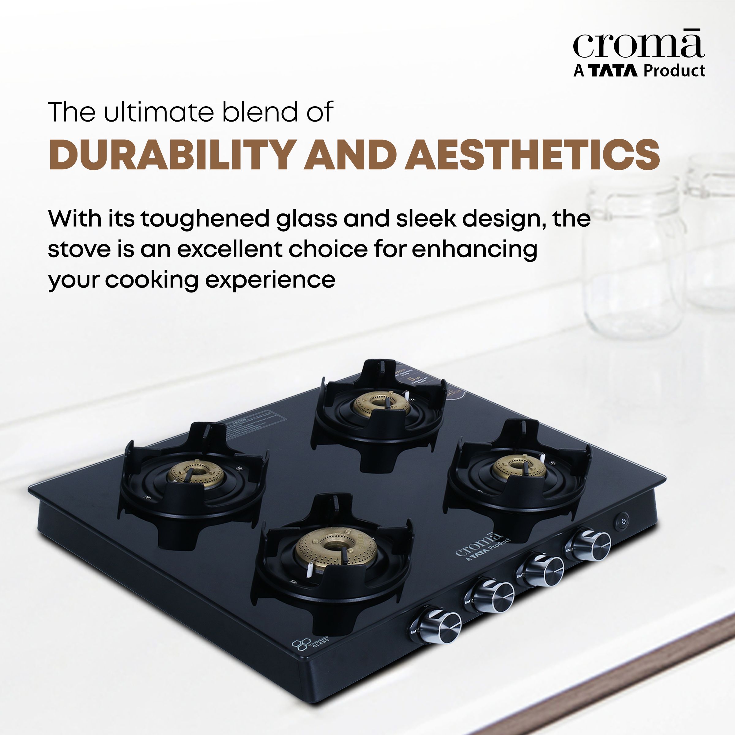 Croma Toughened Glass Top 4 Burner Automatic Gas Stove (Flame proof pan support, Black) Croma Toughened Glass Top 4 Burner Automatic Gas Stove (Flame proof pan support, Black)_7