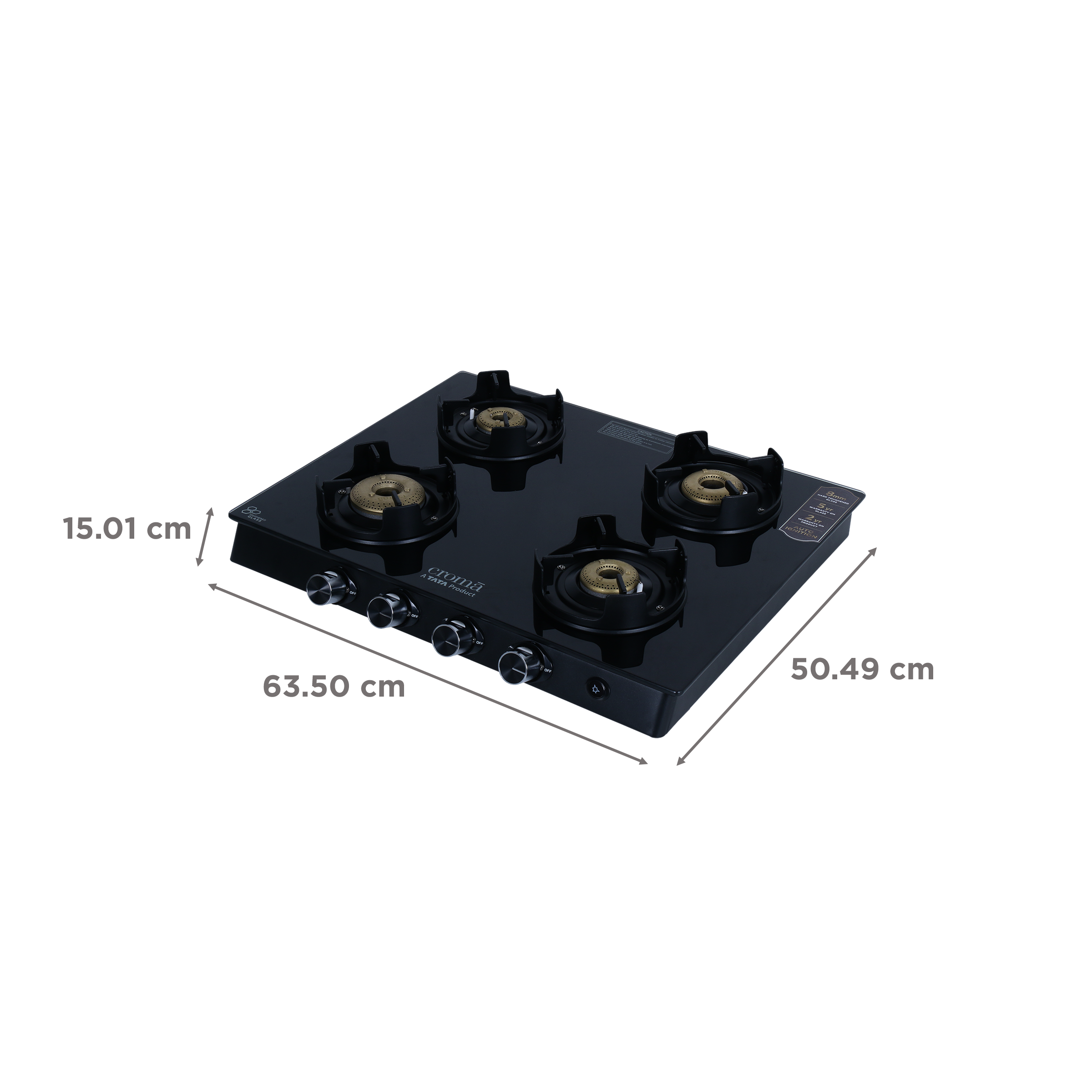 Croma Toughened Glass Top 4 Burner Automatic Gas Stove (Flame proof pan support, Black) Croma Toughened Glass Top 4 Burner Automatic Gas Stove (Flame proof pan support, Black)_2