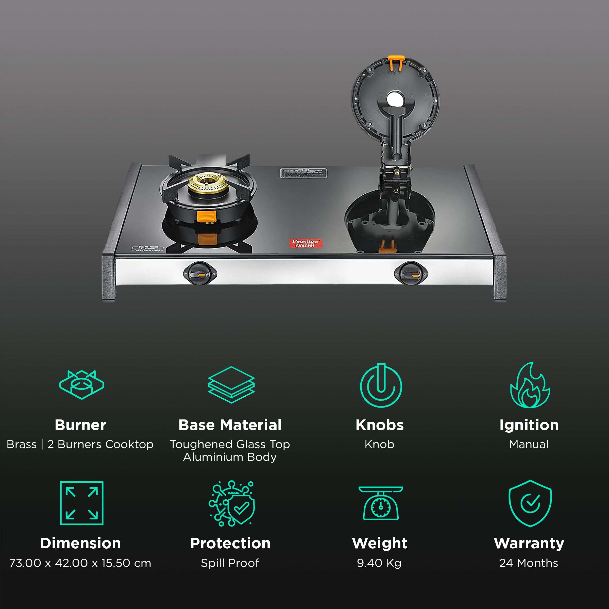 Prestige Svachh Toughened Glass Top 2 Burner Manual Gas Stove (Liftable Burner Set, Black) Prestige Svachh Toughened Glass Top 2 Burner Manual Gas Stove (Liftable Burner Set, Black)_3