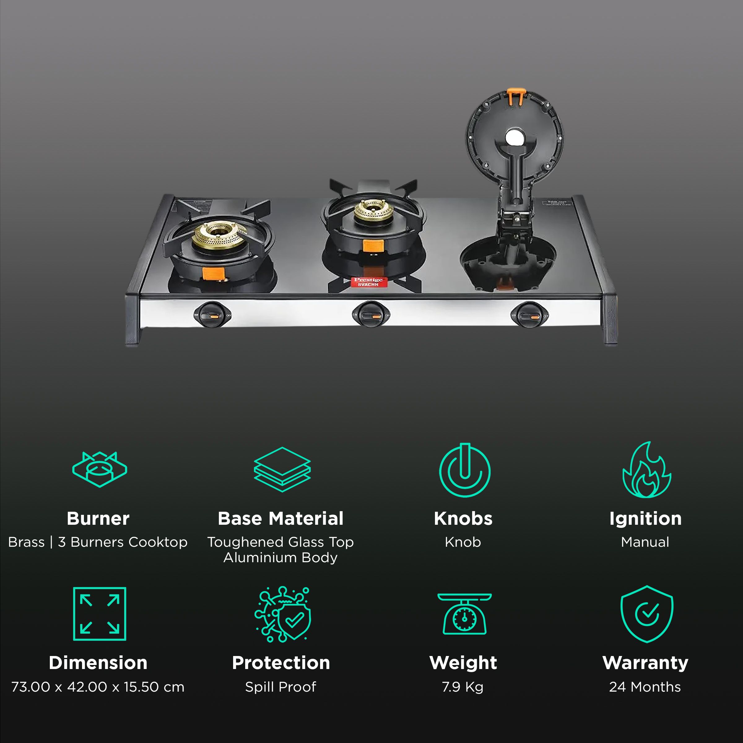 Prestige Svachh Toughened Glass Top 3 Burner Manual Gas Stove (Liftable Burner Set, Black) Prestige Svachh Toughened Glass Top 3 Burner Manual Gas Stove (Liftable Burner Set, Black)_3